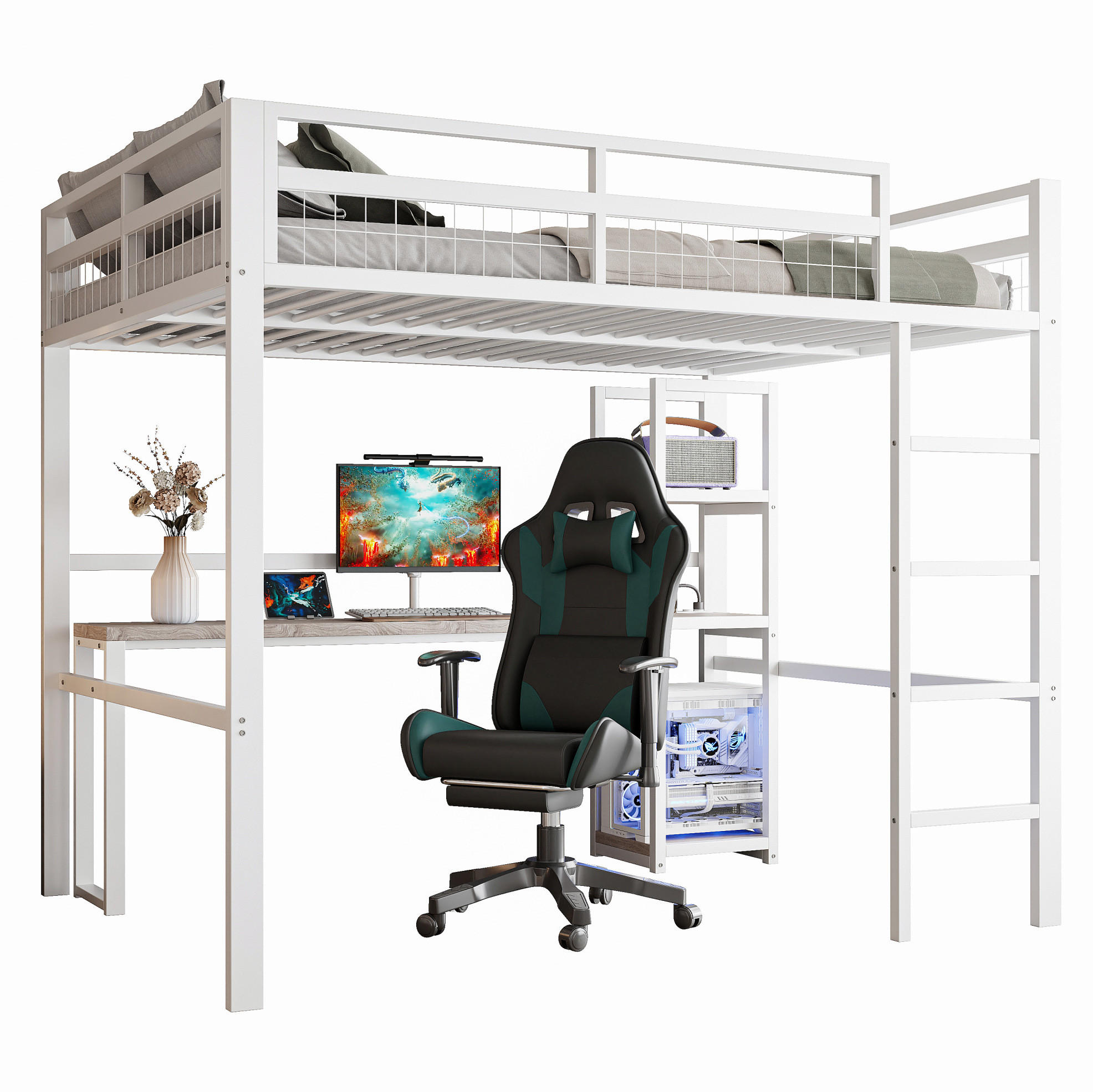 HOCHBETT 140/200 cm Weiß mit Schreibtisch, Regalen und USB- und Type-C-Anschlüssen - Weiß, Metall (140/200cm) - Flora Grace