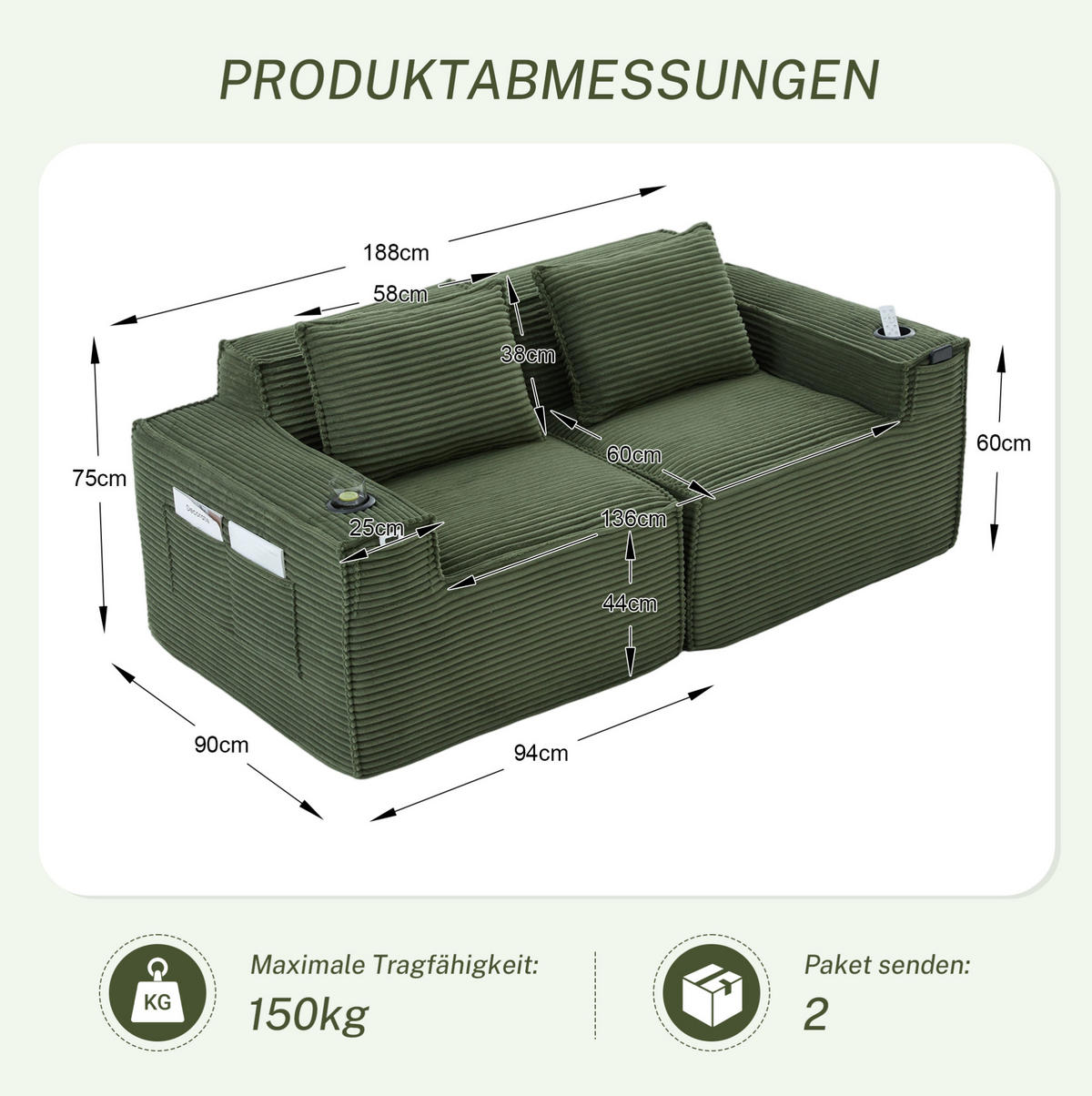 SOFA 2-Sitzer modular 188 x 90 x 75 cm Cord Grün - Grün, Kunststoff (188/75/90cm) - Meubliv