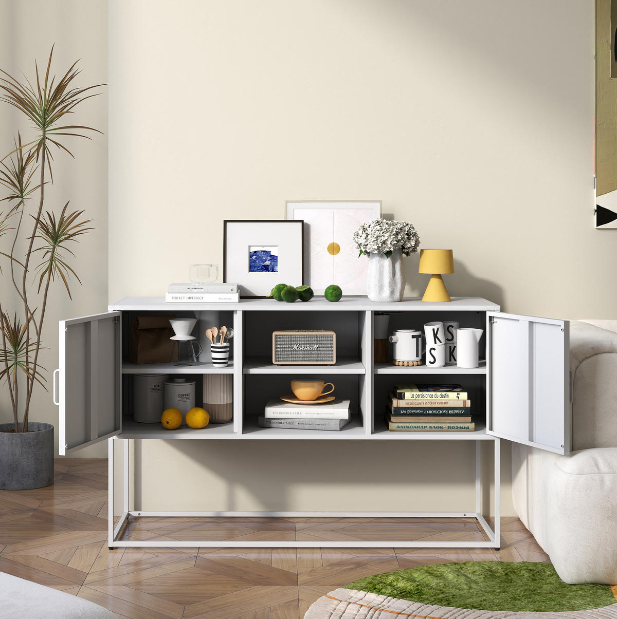 SIDEBOARD 120/40/75 cm weiß aus Metall mit 6 Fächern - Weiß, Metall (120/75/40cm) - OKWISH