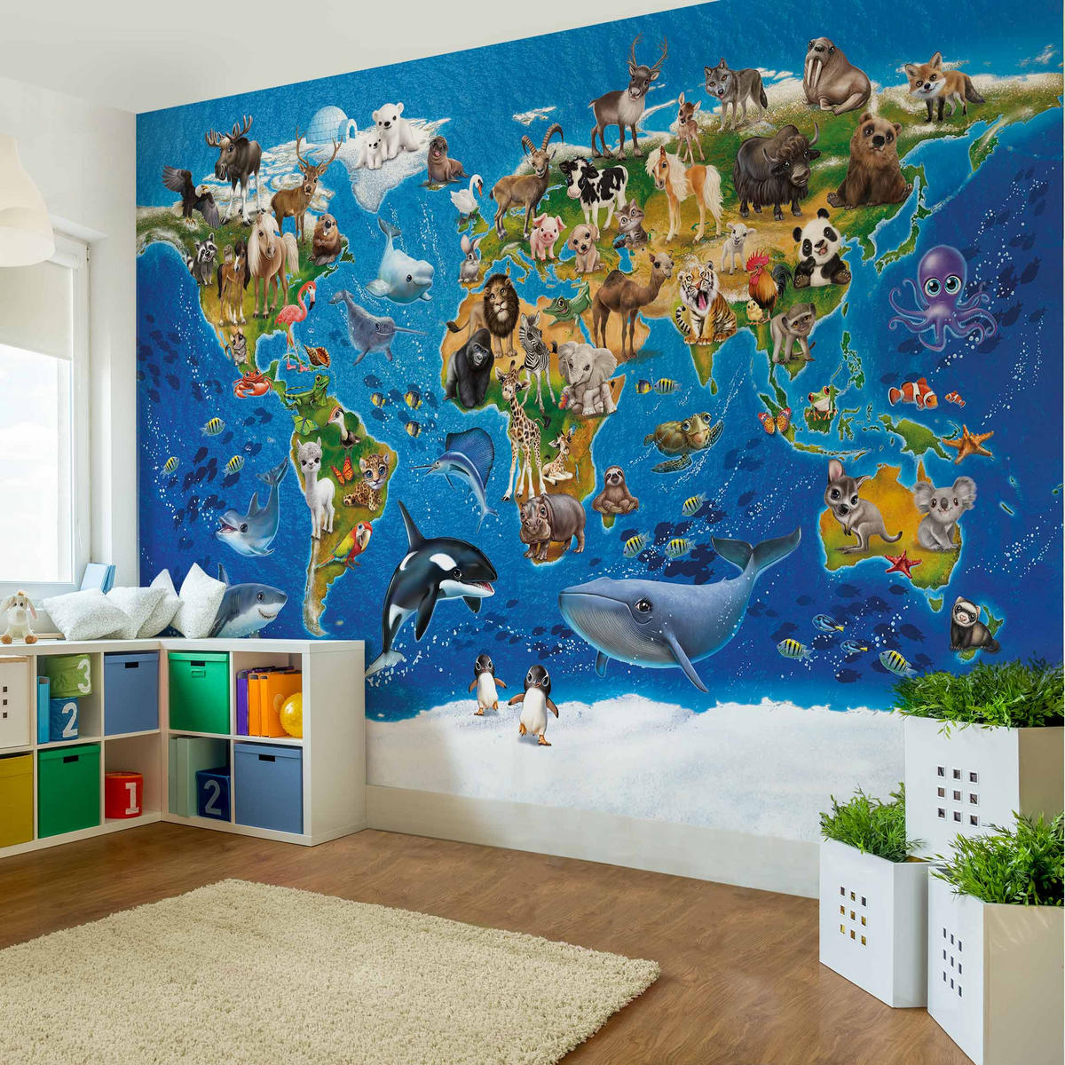 FOTOTAPETE Weltkarte mit Tieren 384/255 cm - Multicolor, Papier (384/255cm) - Bilderwelten