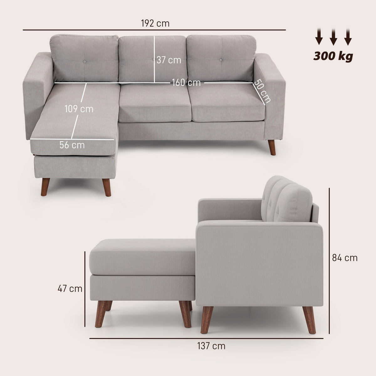 ECKSOFA Hellgrau 192/137/84 cm - Hellgrau, Textil (192/137cm) - PANGIVO