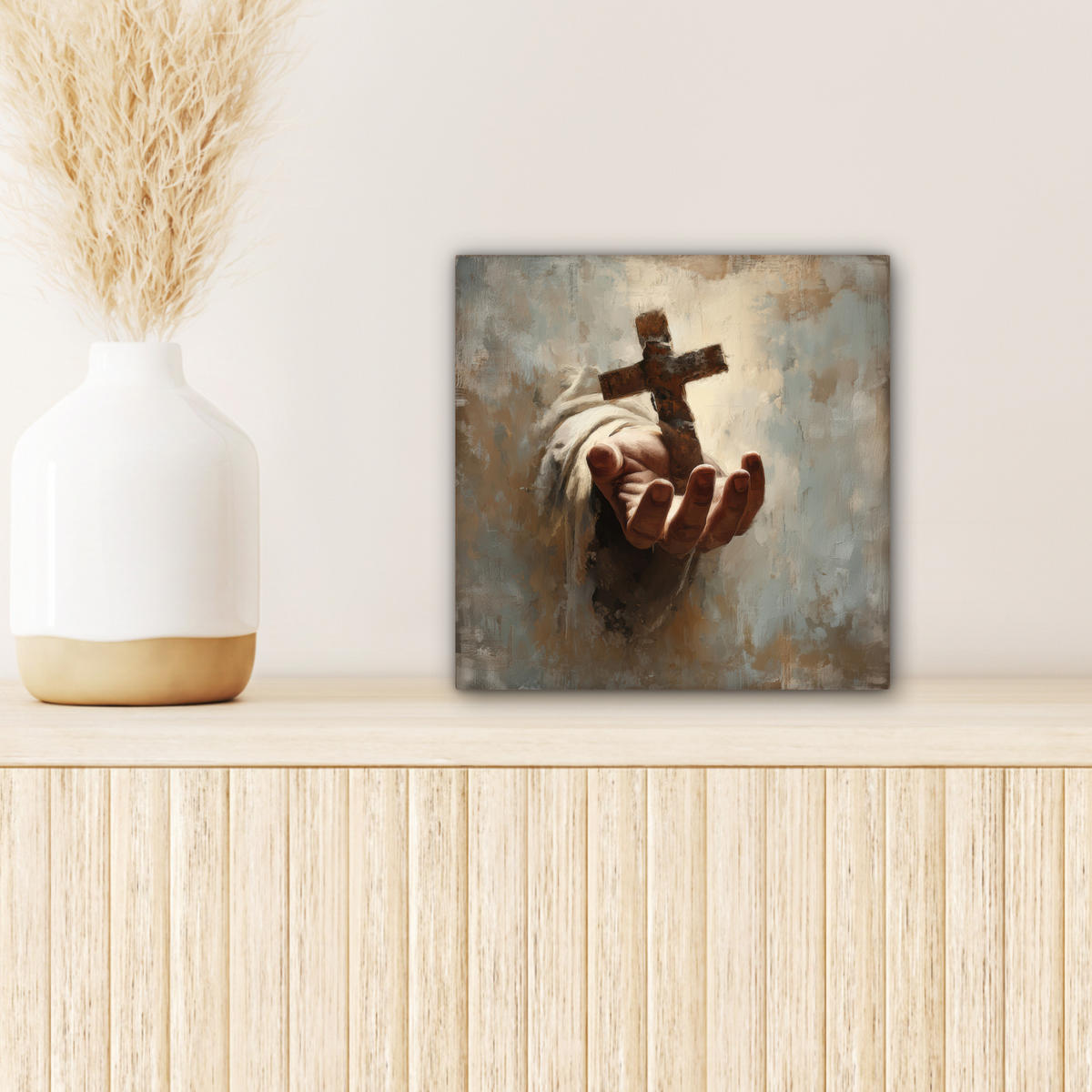 LEINWANDBILD Abstrakt - Kreuz - Hand - Christentum Deko Wohnzimmer 20x20 cm - Hellbraun, Textil (20/20cm) - MuchoWow