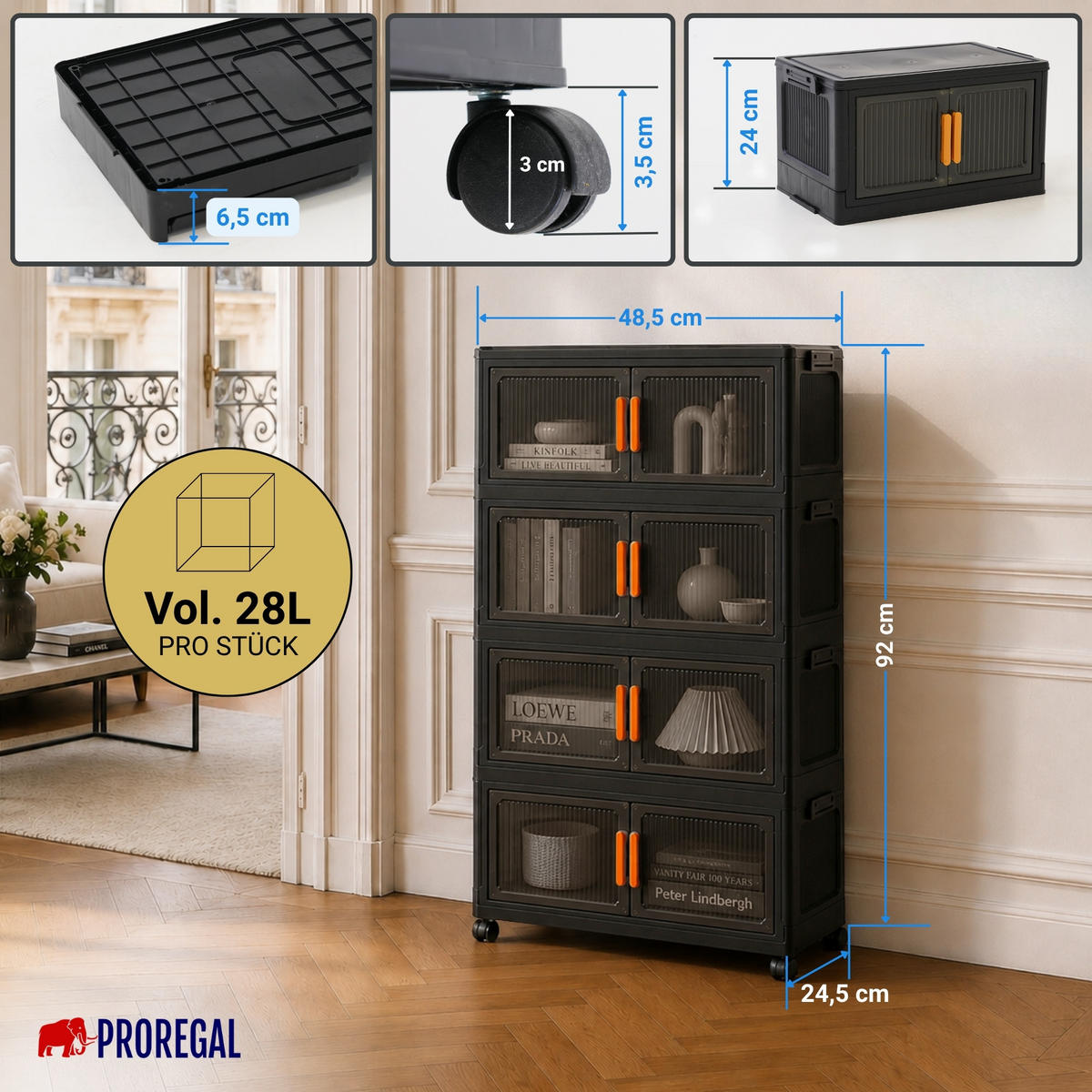 AUFBEWAHRUNGSBOXEN EasyCube stapelbar 4 Ebenen und Rollen 28L Schwarz-Transparent - Schwarz, Kunststoff (48/25.5/28cm) - BERLINLODGE