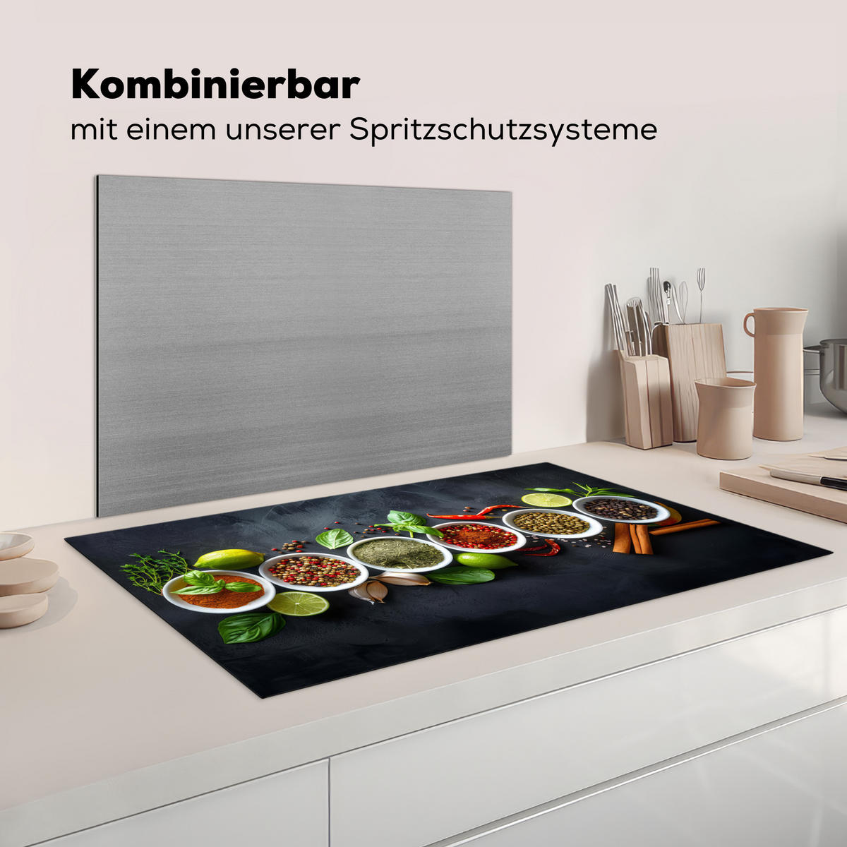 HERDABDECKPLATTE Kräuter - Gewürze - Konkrete Optik - Stilleben Ceranfeldabdeckung 90x52 cm - Multicolor, Kunststoff (90/52/0.2cm) - MuchoWow