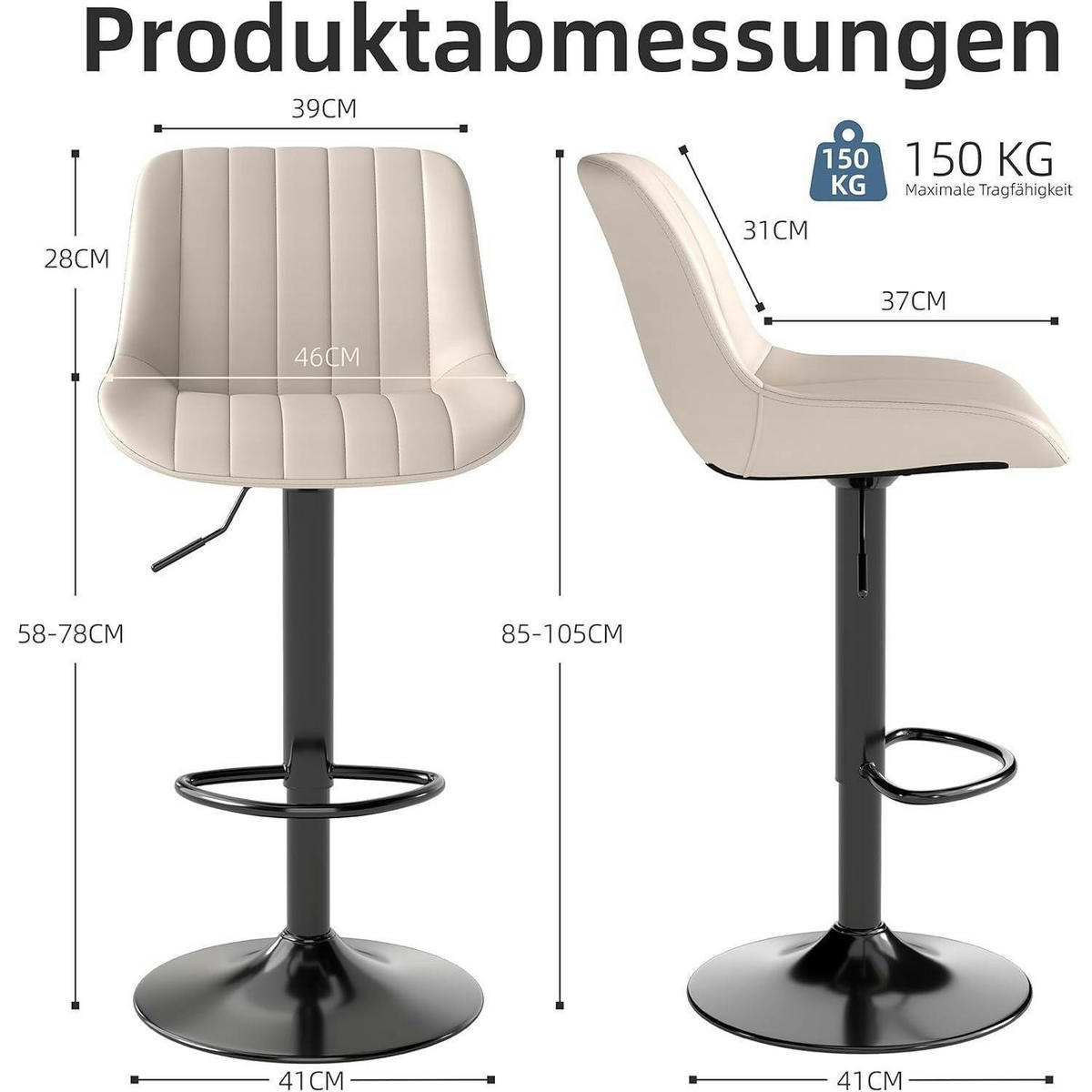 BARHOCKER 3er Set Beige mit Lehne und Höhenverstellung - Beige, Kunststoff (46/109/37cm)
