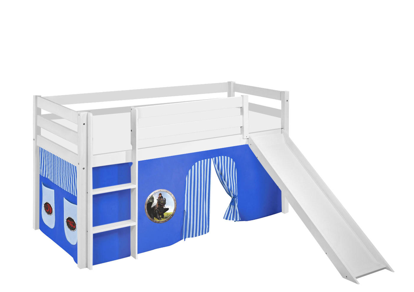 SPIELBETT JELLE Dragons Blau - Hochbett - mit Rutsche und Vorhang - Weiß, Holz - Lilokids