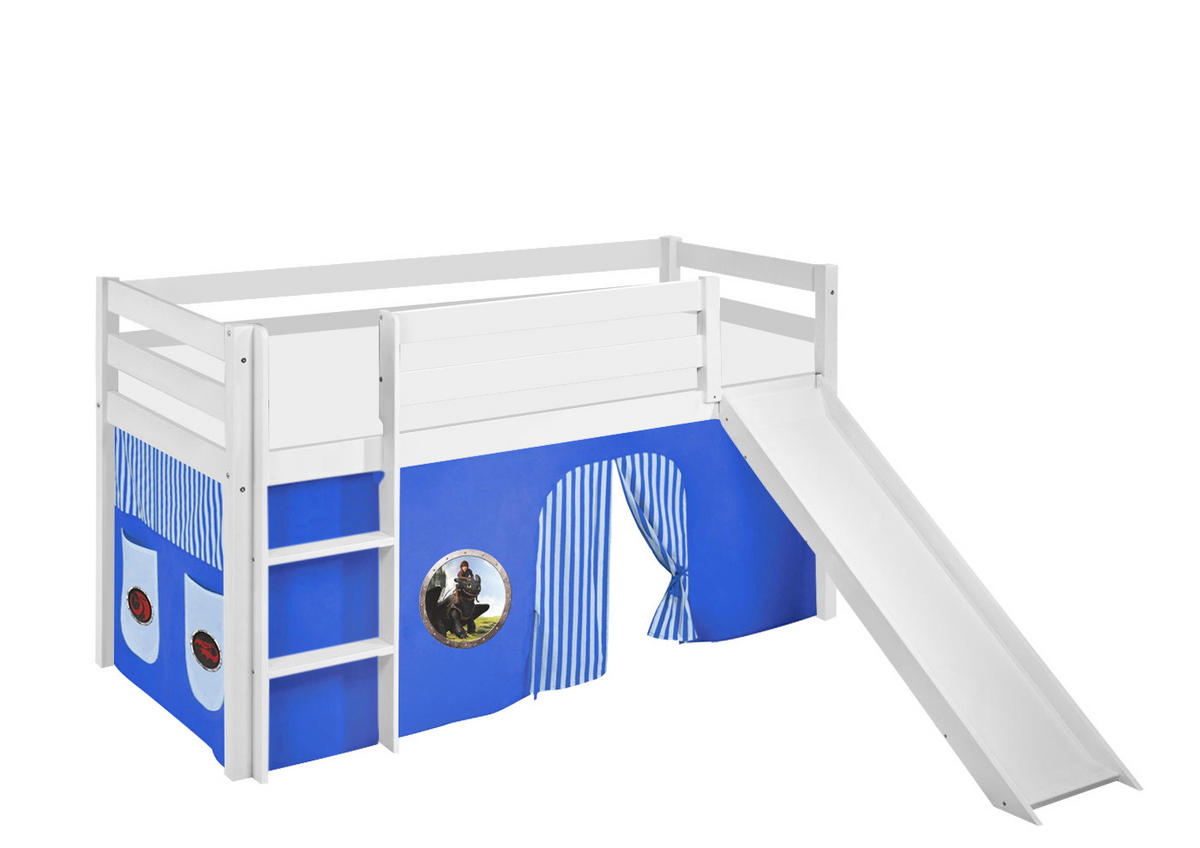 SPIELBETT JELLE Dragons Blau - Hochbett - mit Rutsche und Vorhang - Weiß, Holz - Lilokids