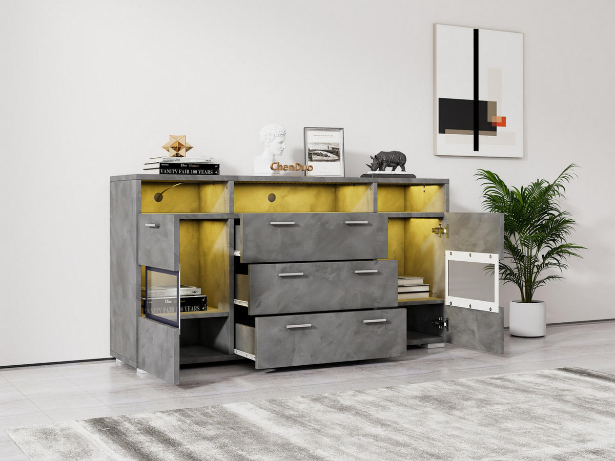 SIDEBOARD 140/33,5/72,5 cm mit LED, 2 Türen, 3 Schubladen & offenen Fächern - Grau, Holzwerkstoff (140/72.5/33.5cm) - BEAOK