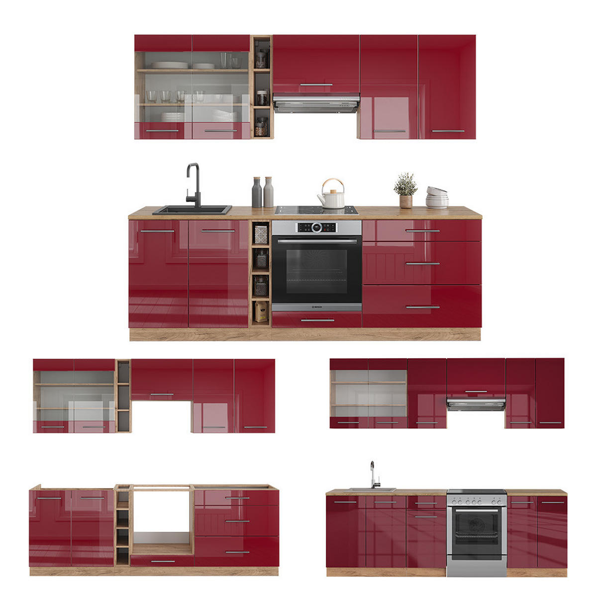 KÜCHENZEILE Fame-Line Bordeaux Hochglanz/Goldkraft Eiche 235 cm ohne AP - Honigeiche/Bordeaux, Holzwerkstoff (235/81.6/46cm) - Vicco