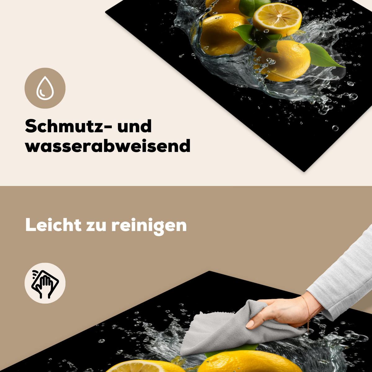 HERDABDECKPLATTE Zitrone - Obst - Gelb - Schwarz Induktionsschutz 80x52.2 cm - Gelb, Kunststoff (80.2/52.2/0.2cm) - MuchoWow