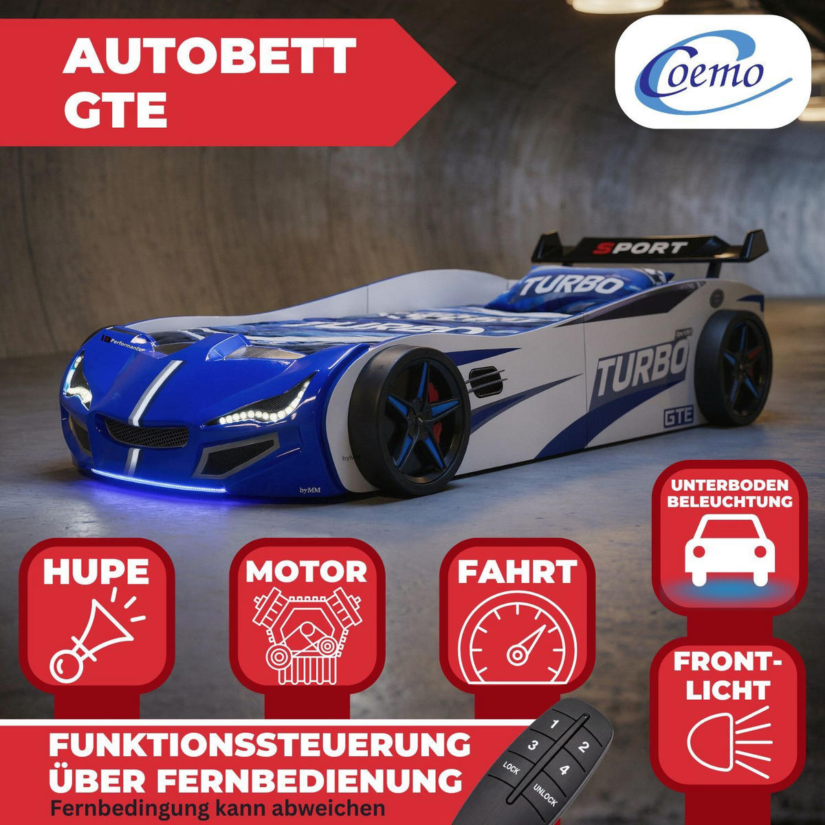 AUTOBETT GTE mit Rollrost, Licht und Sound Farbe Blau - Blau, Holzwerkstoff (90/200cm) - Coemo