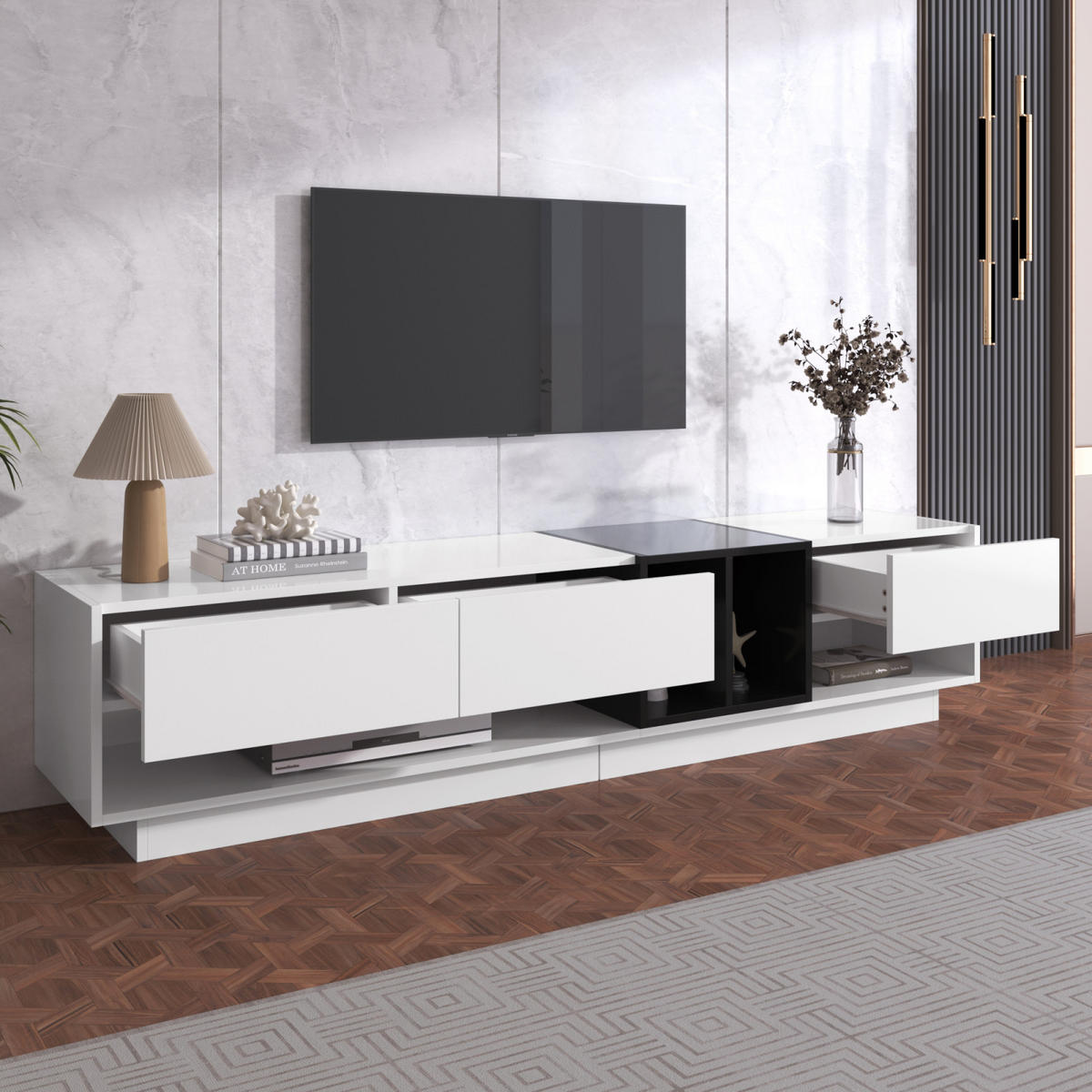 TV Lowboard 190x40x34 cm, 3 Schubladen, Weiß Schwarz - Weiß, Glas (190/34/40cm)
