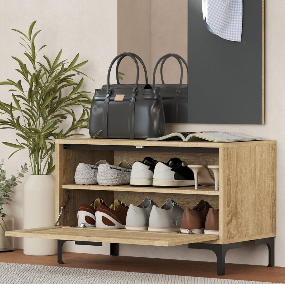 GARDEROBENSET 68/35/43 cm mit Spiegel, Schuhbank und 3 Haken, Naturholz/Grau - Naturfarben, Holzwerkstoff (60/127.5/13.5cm) - Redom
