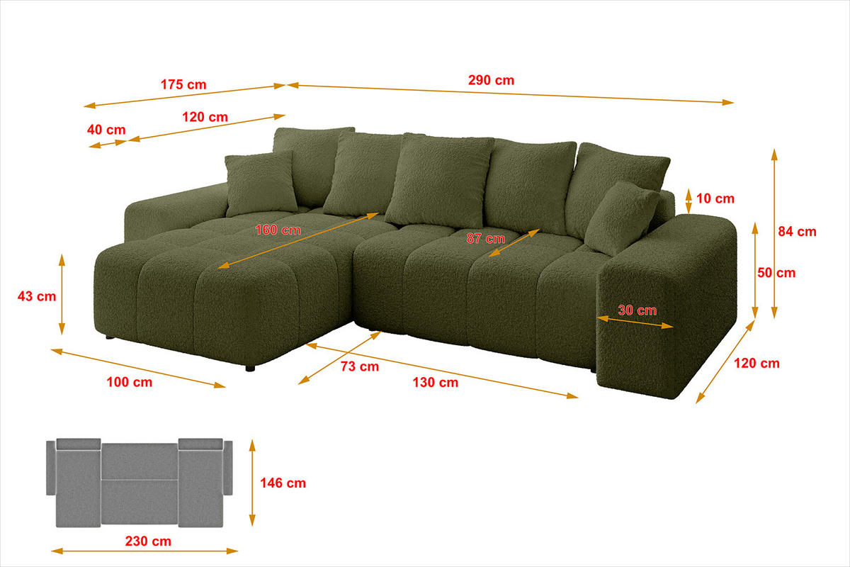ECKSOFA Ottomane links/rechts ENIL-L 290x175x84 Grün Bouclé - Grün, Holzwerkstoff/Kunststoff (290/175cm) - ALTDECOR