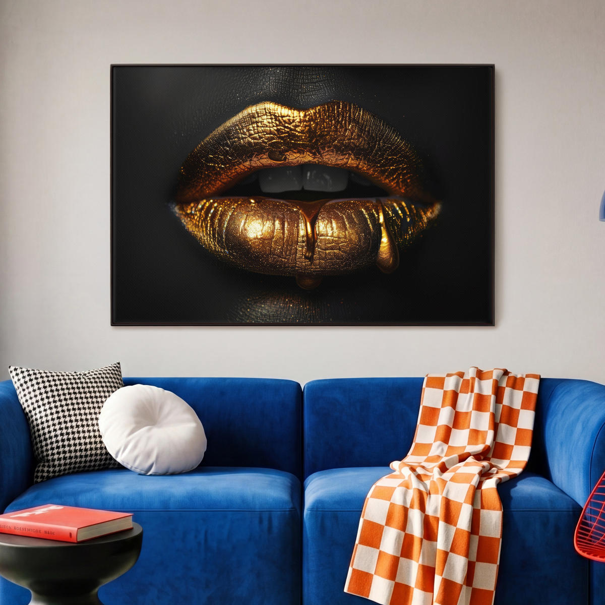 LEINWAND Bilder mit Rahmen - Frau - Porträt - Lippen - Gold - Schwarz - 90x60 - Schwarz, Textil (90/60cm) - MuchoWow