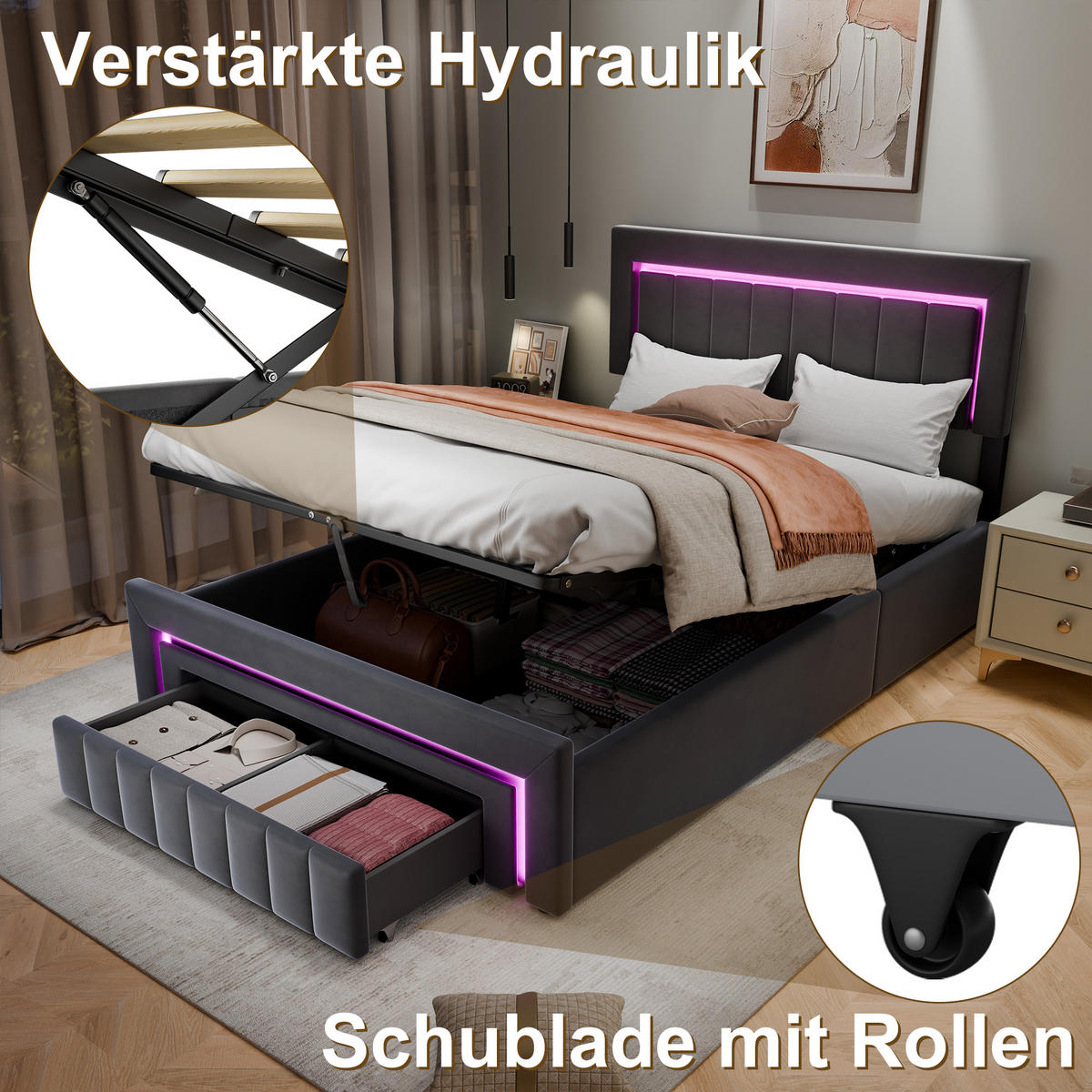 POLSTERBETT aus Samt 140x200 cm Grau mit LED-Beleuchtung und hydraulischem Stauraum - Grau, Textil (140/200cm) - Modfu