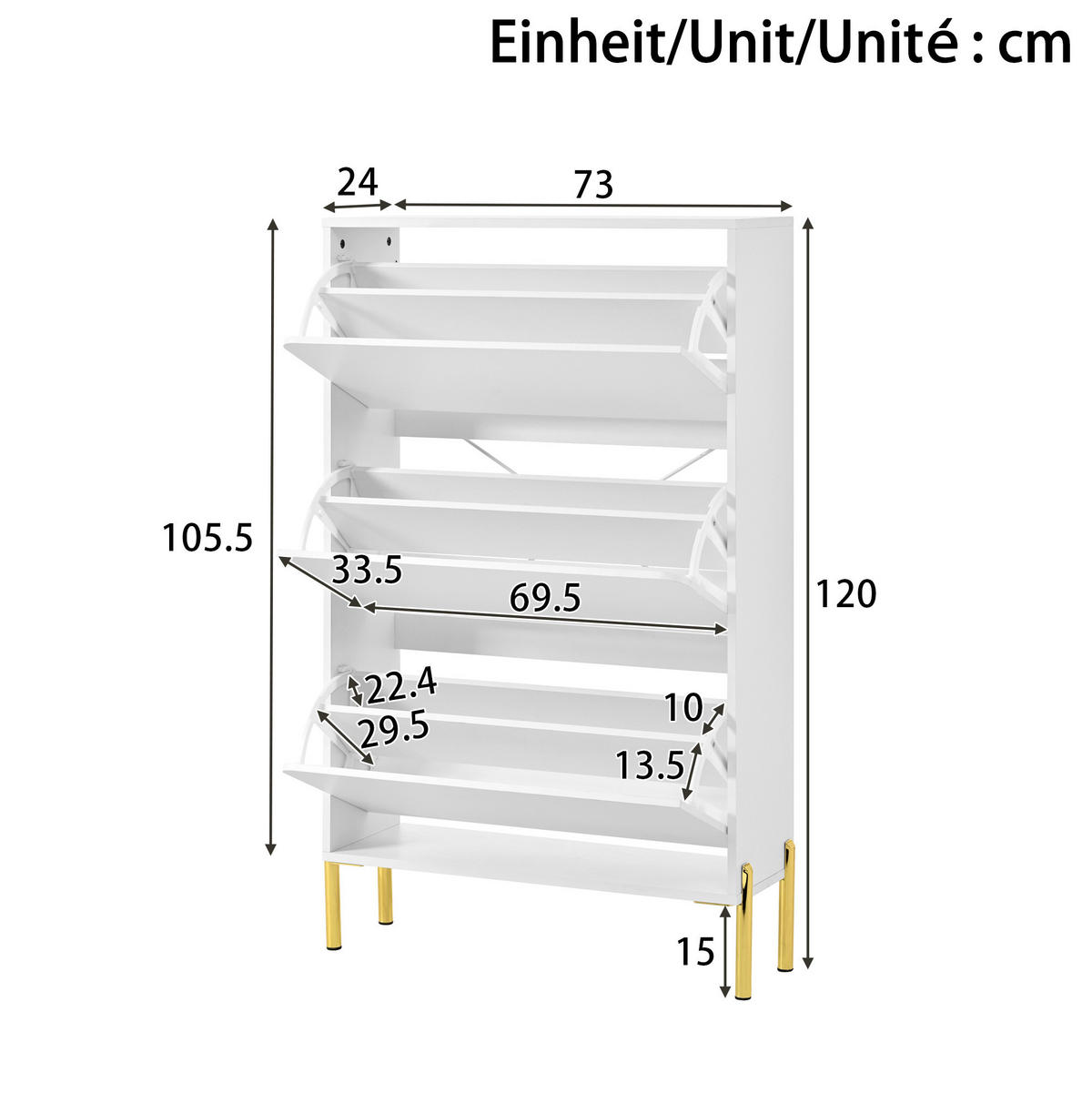 SCHUHSCHRANK 73/24/120 cm mit 3 Klappen, grifflos in Weiß mit goldfarbenen Füßen - Weiß, Holzwerkstoff (73/120/24cm) - BEAOK