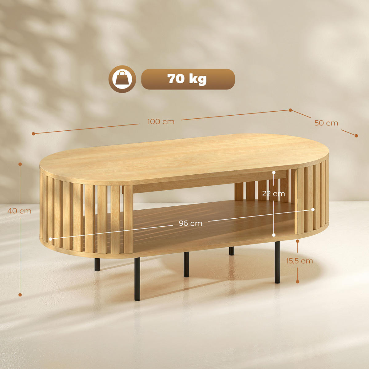 COUCHTISCH DE-15825 Lamellen-Design mit zwei Ablagen Naturholz - Naturfarben, Holzwerkstoff (100/50/40cm) - ComfortXL