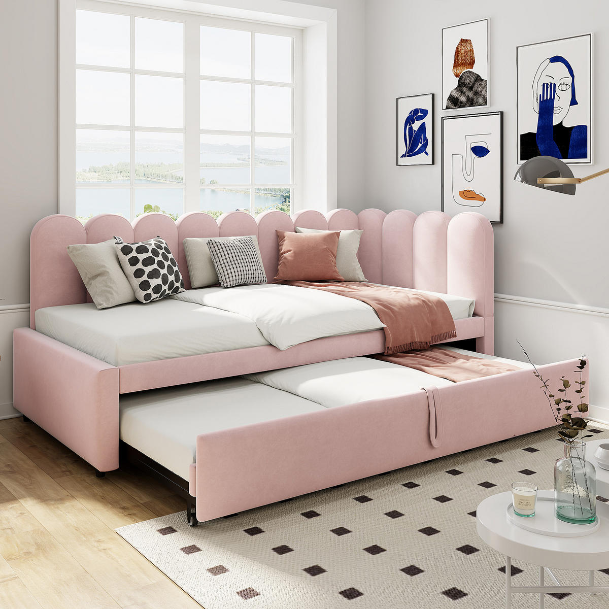 POLSTERBETT 90/200 cm L-Form Rosa Samt mit ausziehbarem Kopfteil - Rosa, Textil (90/200cm) - OKWISH