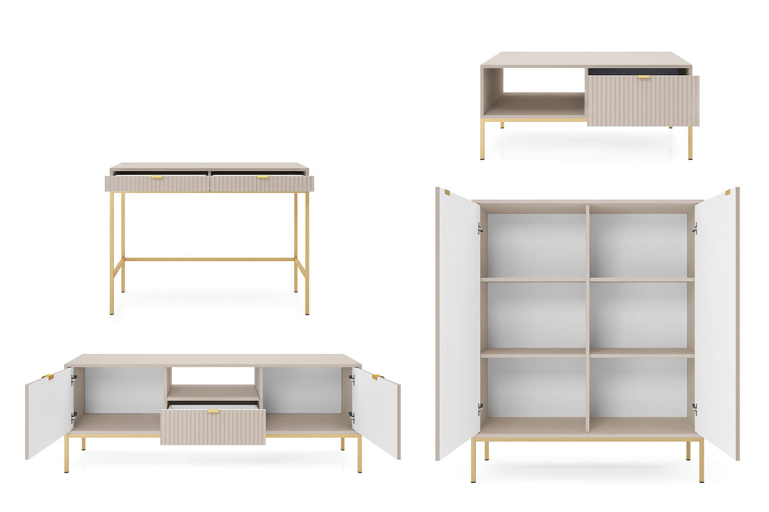 WOHNZIMMER-SET Nova Kaschmir / Gold 4-teilig - Kaschmir/Goldfarben, Holz/Holzwerkstoff (258/125/68cm) - Feldmann-Wohnen