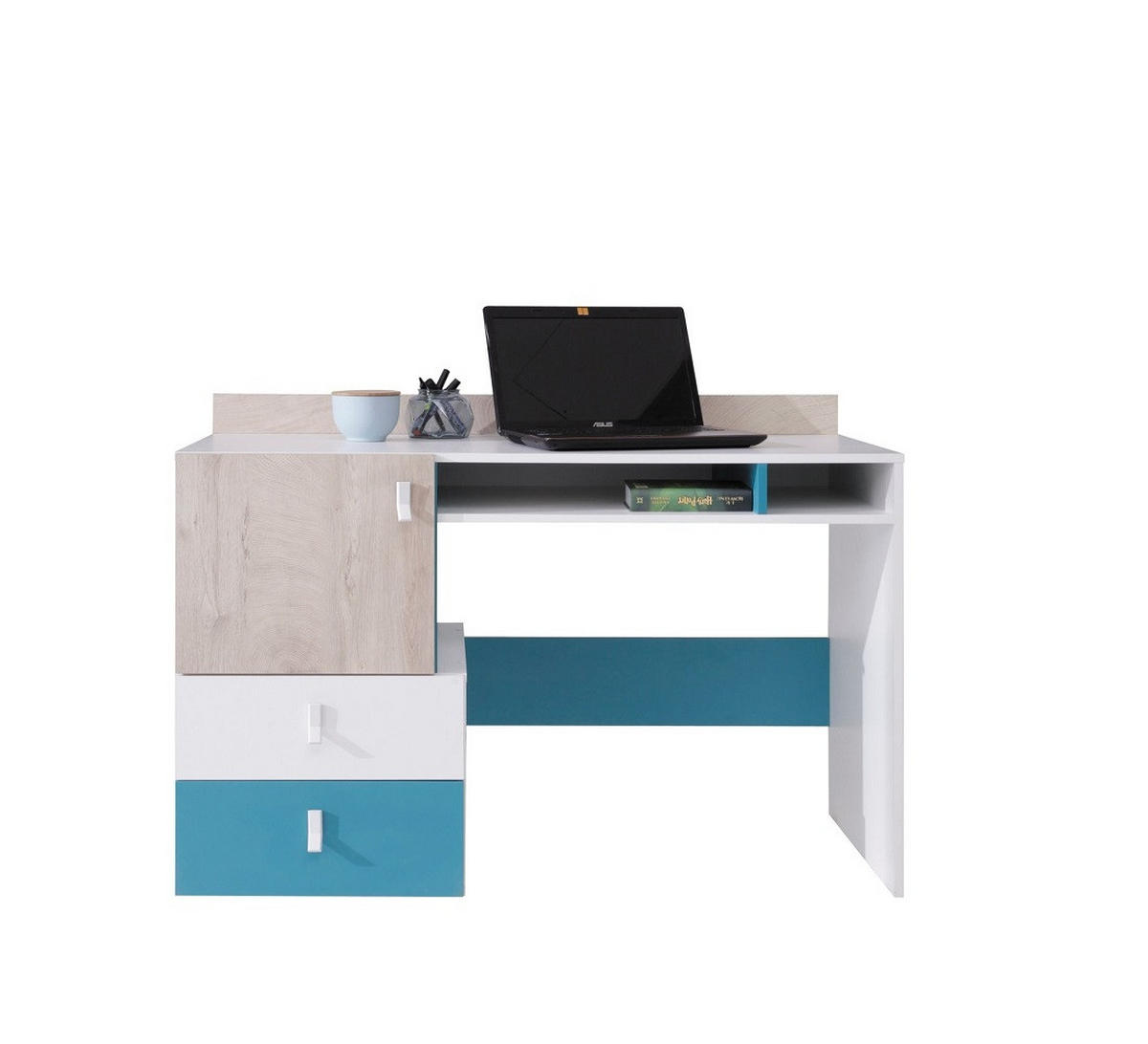 JUGENDZIMMER Space Set B mit Bett 90 x 200 - Weiß-Eiche-Türkis - Türkis/Eichefarben, Holzwerkstoff (135/190/135cm) - QMM TraumMöbel