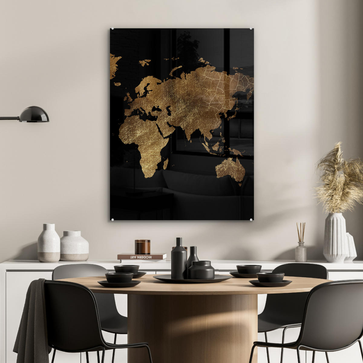 ACRYLGLASBILD Weltkarte - Gold - Luxus - Erde - Schwarz 60x80 cm - Goldfarben, Glas (60/80cm) - MuchoWow