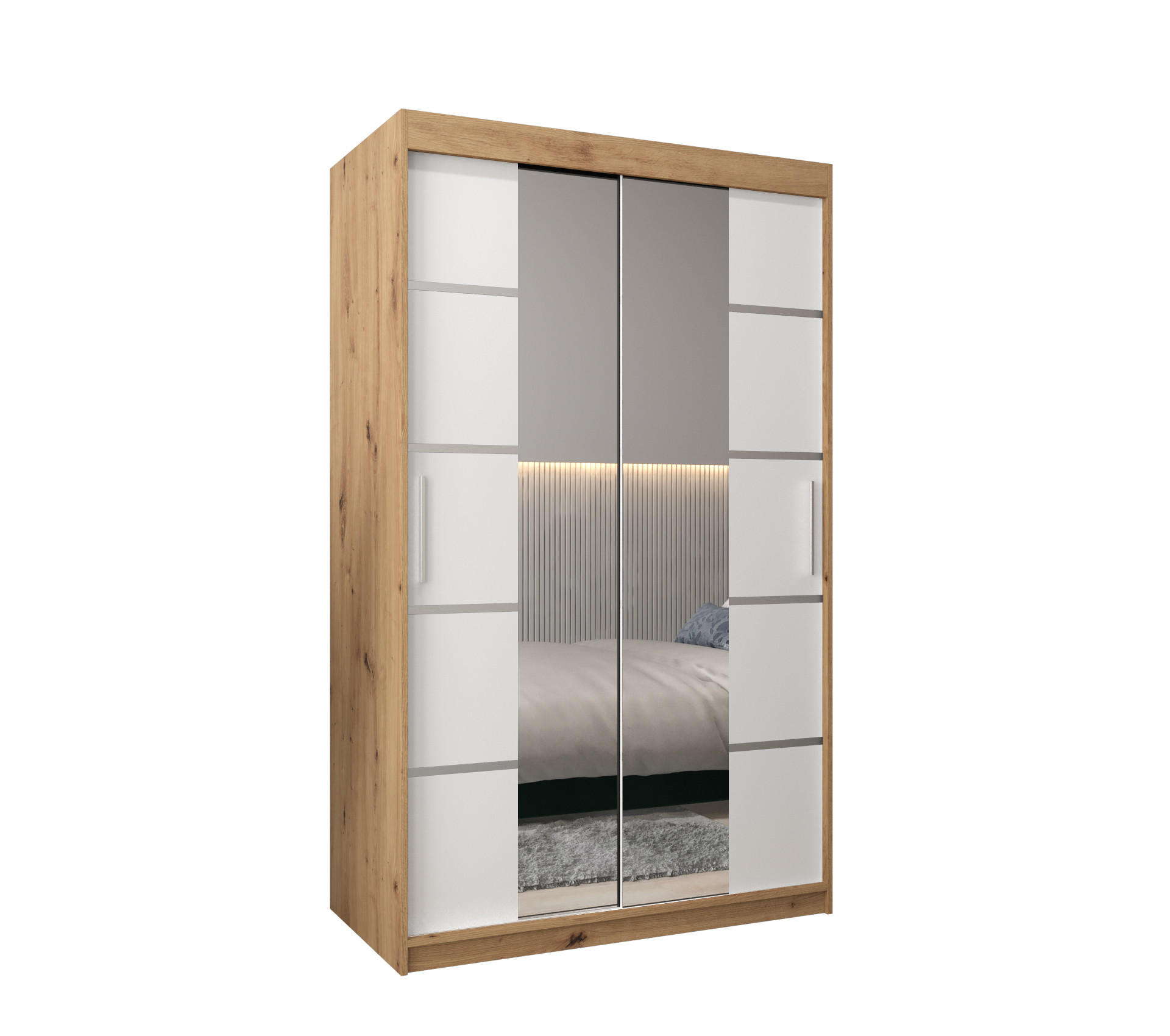 Möbel Kryspol Schwebetürenschrank Eiche Artisan, Weiß, Silber 120x200x62 cm