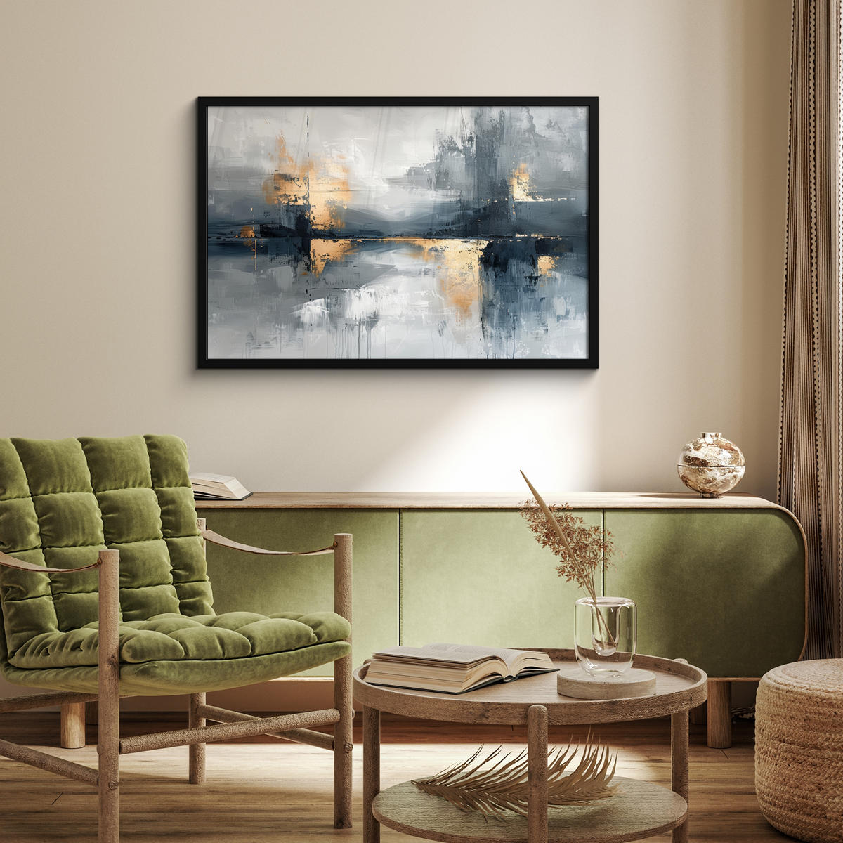 ZARÁMOVANÝ PLAGÁT Umenie - sivé - zlaté - abstraktné 90x60 cm - tmavosivá, papier (90/60cm) - MuchoWow
