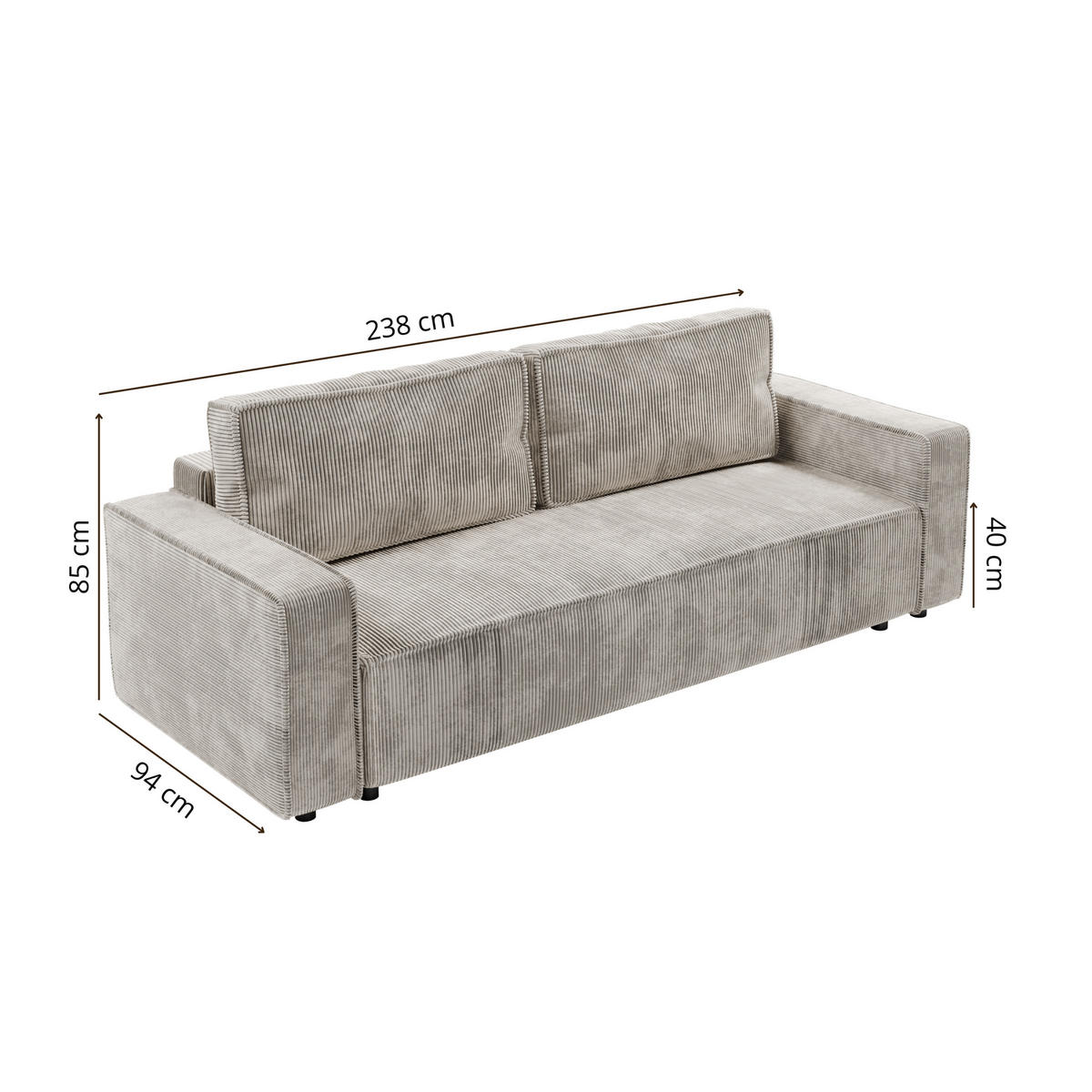 SCHLAFSOFA BRIK 3-Sitzer Cord Poso Cremeweiß - Schlaffunktion DL & Bettkasten - Creme, Textil (238/94/94cm) - Excellent Home