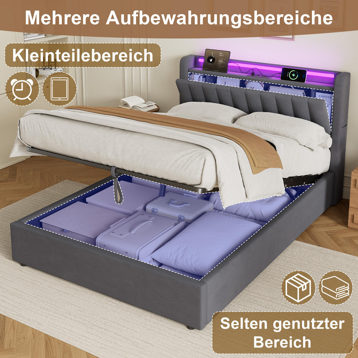 POLSTERBETT 140/190 cm in Dunkelgrau Samt mit Bettkasten und gepolstertes Kopfteil - Dunkelgrau, Holzwerkstoff/Textil (140/190cm) - CHICFURN