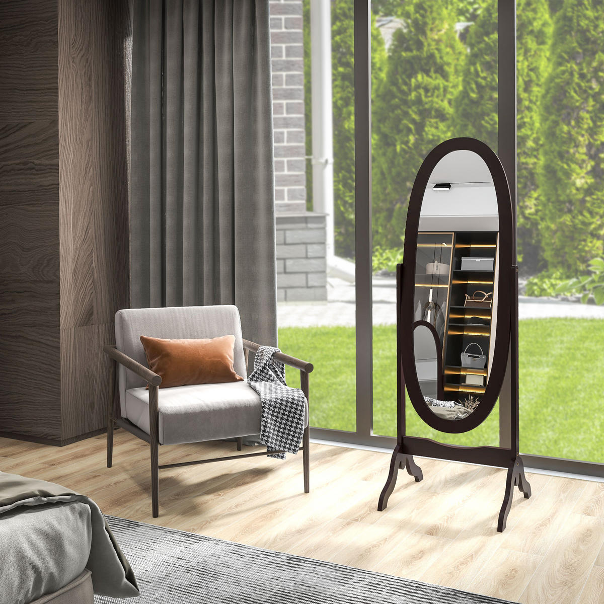 STANDSPIEGEL DE-17941 ovales Design mit verstellbarem Winkel Kaffee - Braun, Holzwerkstoff (48/147/46cm) - ComfortXL
