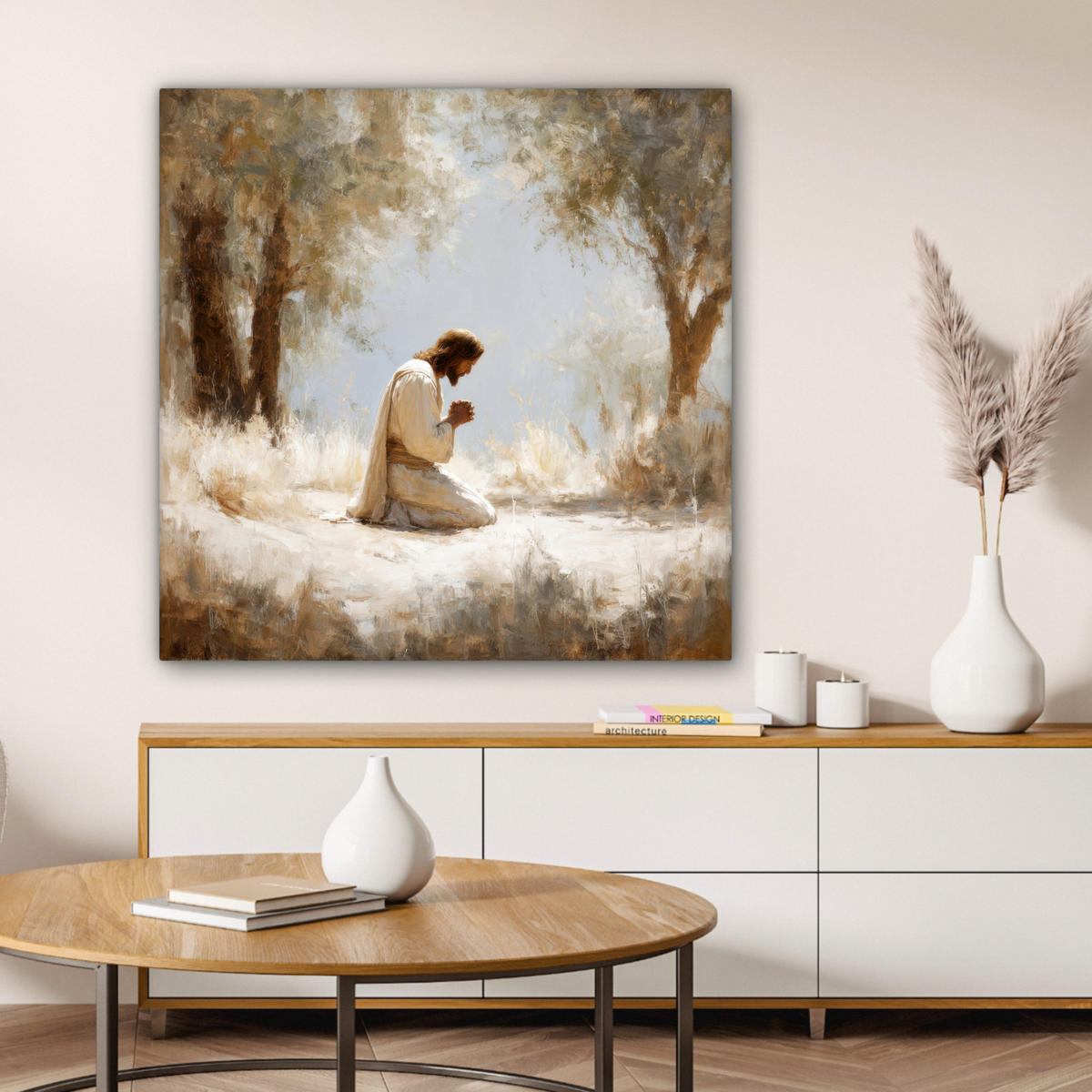 LEINWANDBILD Jesus - Kniend - Waldlandschaft - Betend Deko Groß 90x90 cm - Beige/Hellblau, Textil (90/90cm) - MuchoWow