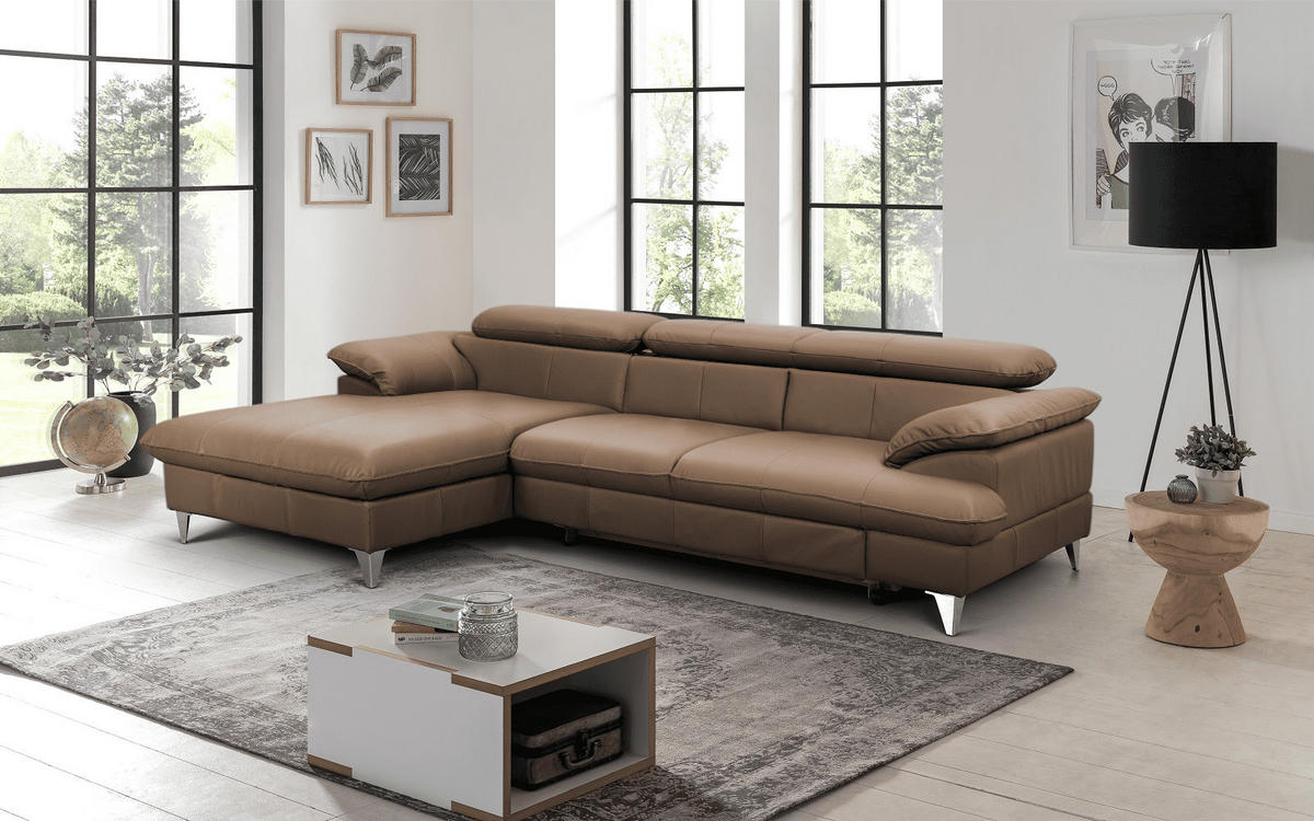 ECKSOFA mit Schlaffunktion und Bettkasten, Echtleder - Chromfarben/Hellbraun, Leder/Holz (254/167cm) - Cotta