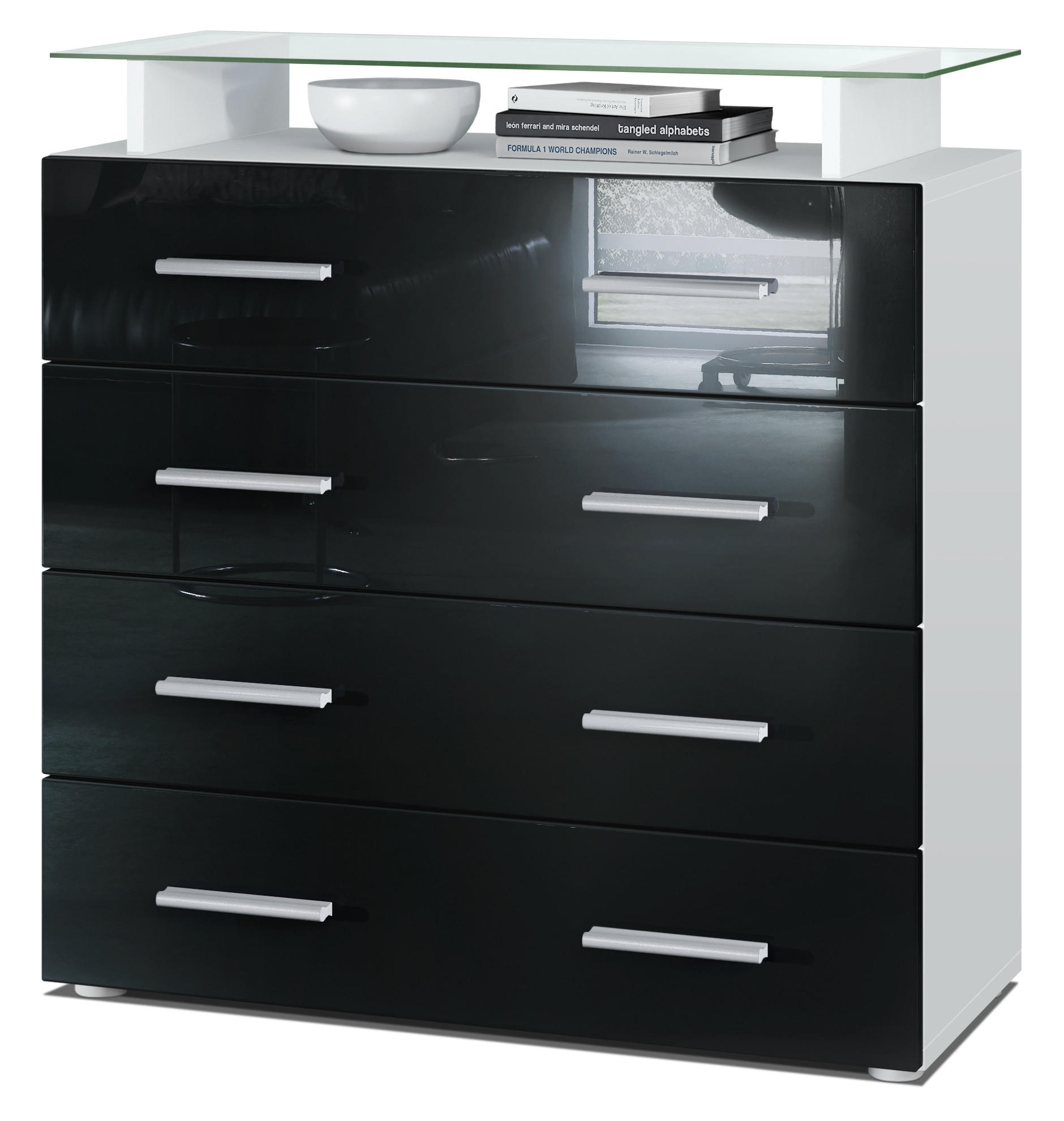 Vladon Kommode Schwarz Hochglanz 76x81x35 cm