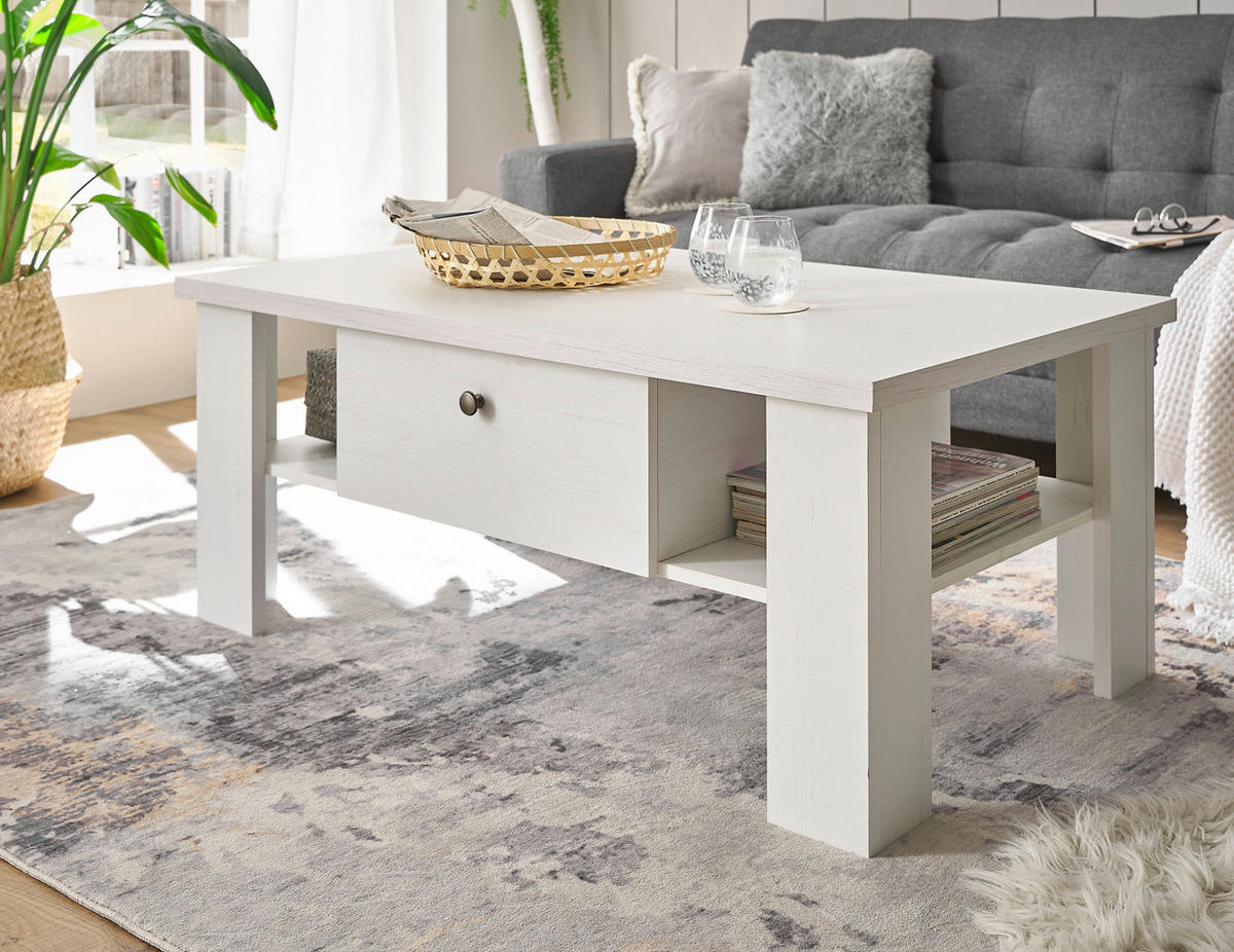 COUCHTISCH weiß Pinie Landhaus, Beistelltisch 107 x 67 cm, Soft-Close-Funktion - Weiß/Pinienfarben, Holzwerkstoff/Metall (110/70/45cm) - Furn.Design