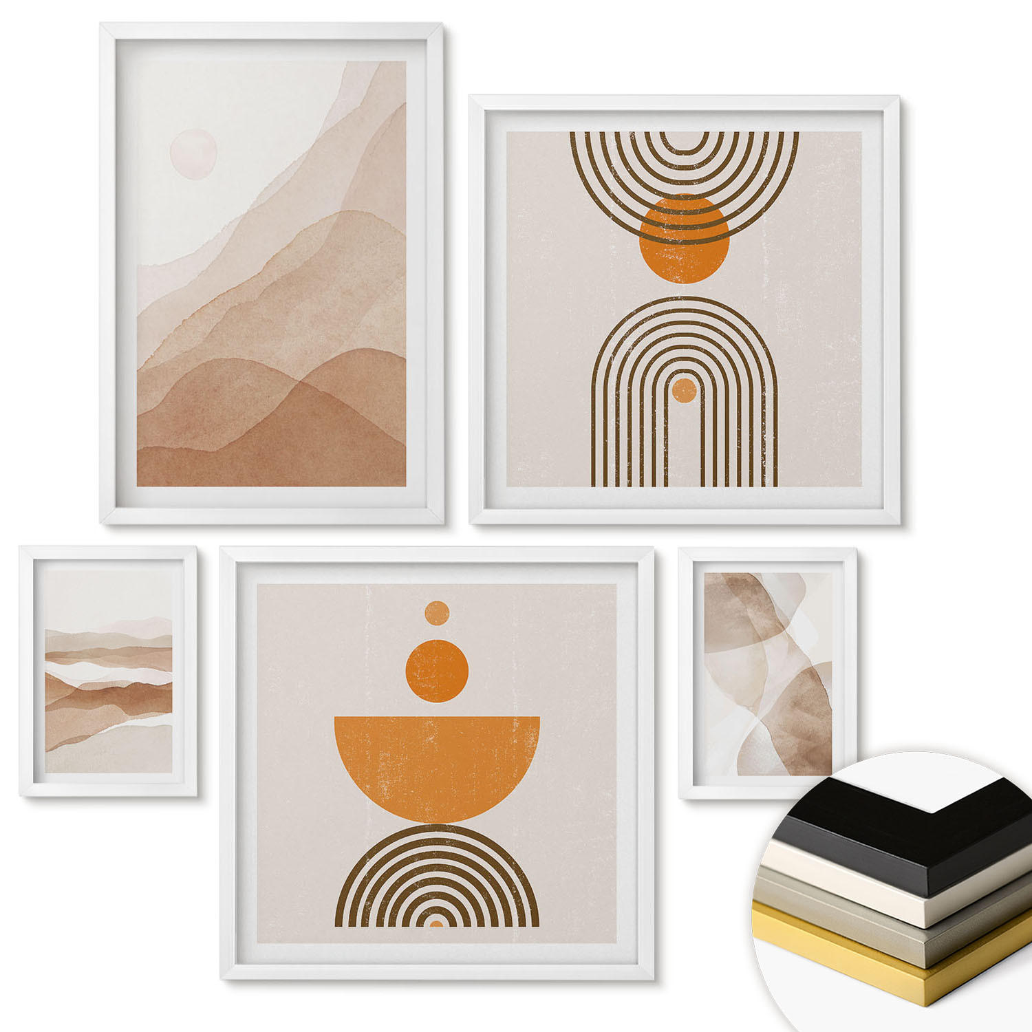 WANDBILDER 5er-Set - 50x50 cm & 20x30 cm & 40x60 cm Weißer Rahmen - Strukturen schattieren Minimalismus - Weiß, Kunststoff (40/60cm) - ArtPrintCave