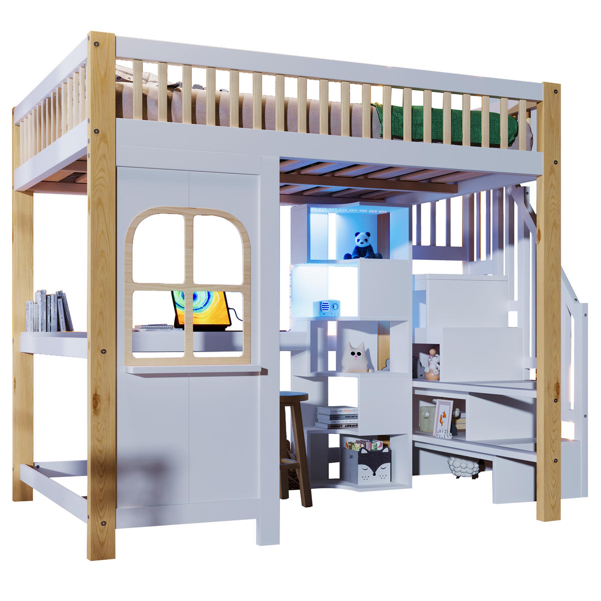 HOCHBETT 140/200 cm mit LED-Leuchten Fensterform Ablageleiter und Schreibtisch Weiß+Natur - Weiß, Holz (140/200cm) - OKWISH