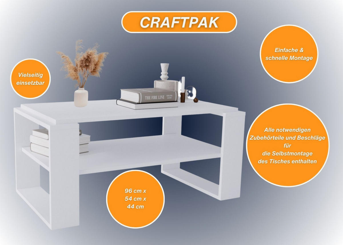 COUCHTISCH Holzwerkstoff rechteckig stabil Weiß 42/54/96cm - Weiß, Holzwerkstoff (53.8/96/42cm) - CraftPAK
