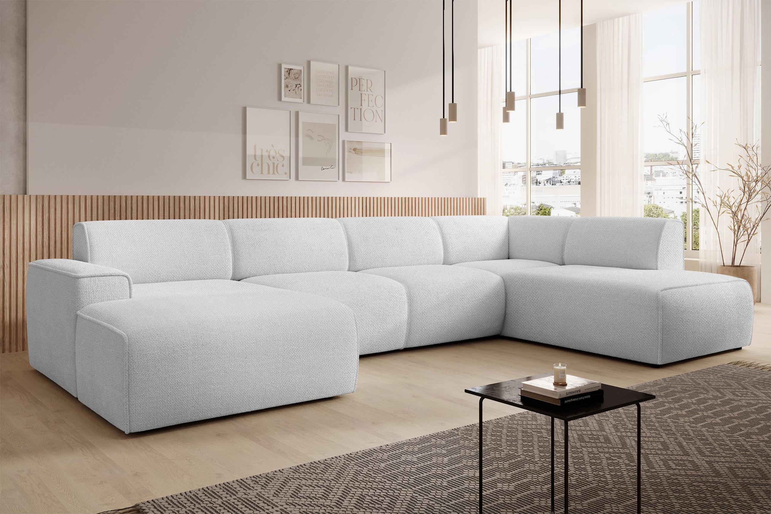 WOHNLANDSCHAFT Didim Ivory 378/220/78 cm – großes Sofa stilvoll & bequem R - Greige/Champagner, Kunststoff/Textil (378/78/220cm) - AX Living