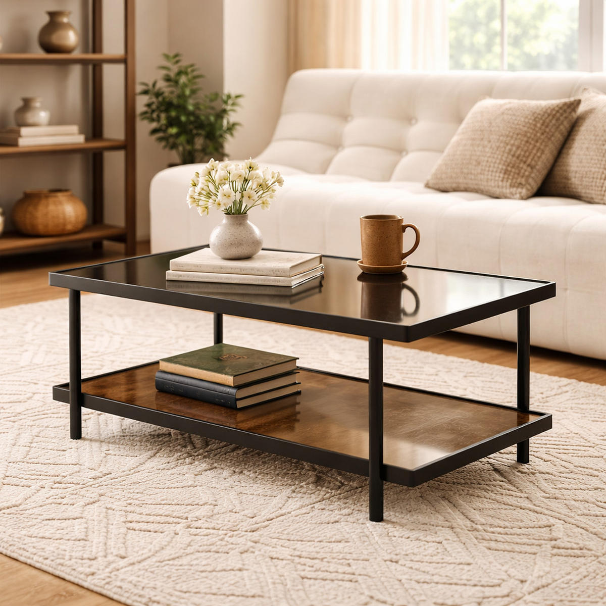 COUCHTISCH mit 2 rauchglas Platten 100/50/48 cm - Schwarz, Holzwerkstoff (61/50/48cm) - Calicosy