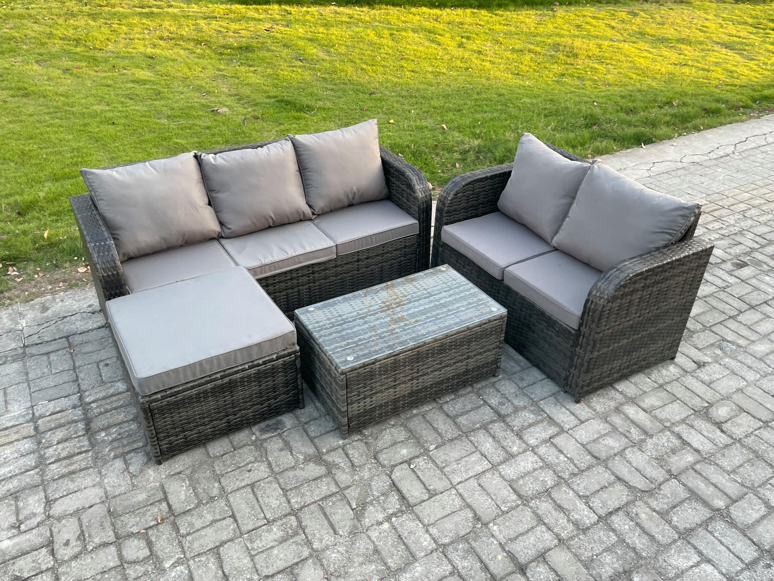 GARTENMÖBELSET mit Couchtisch Polyrattan 6-Sitzer - Dunkelgrau/Grau, Glas/Kunststoff - Fimous