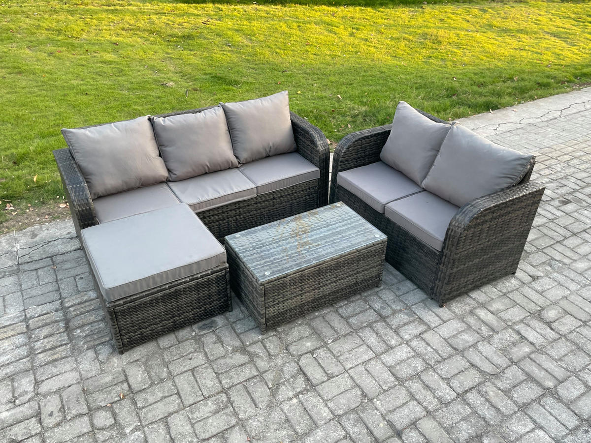 GARTENMÖBELSET mit Couchtisch Polyrattan 6-Sitzer - Dunkelgrau/Grau, Glas/Kunststoff - Fimous
