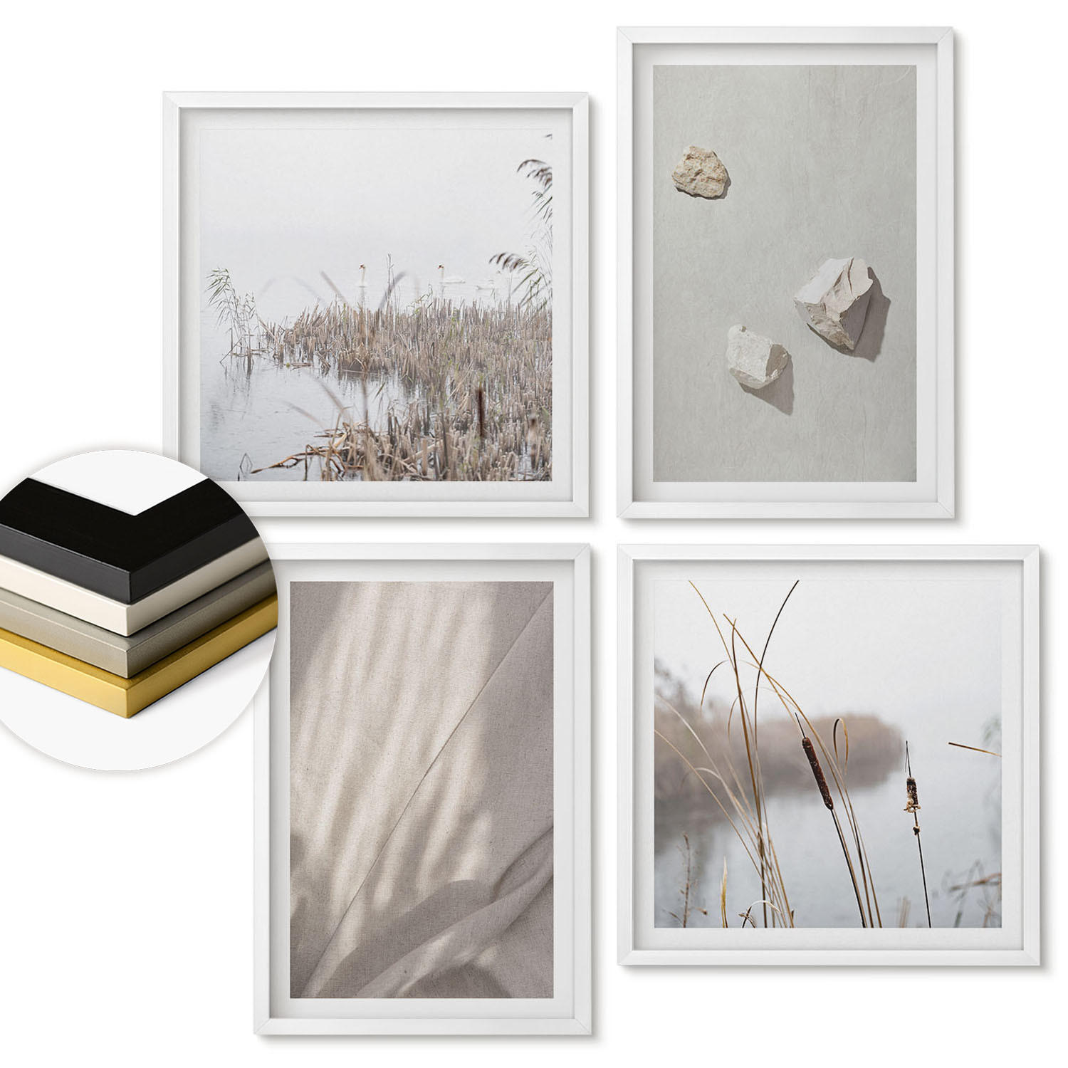 WANDBILDER 4er-Set - 50x50 cm & 40x60 cm Weißer Rahmen - Nahaufnahmen der Struktur im Boho-Stil - Weiß, Kunststoff (50/50cm) - ArtPrintCave