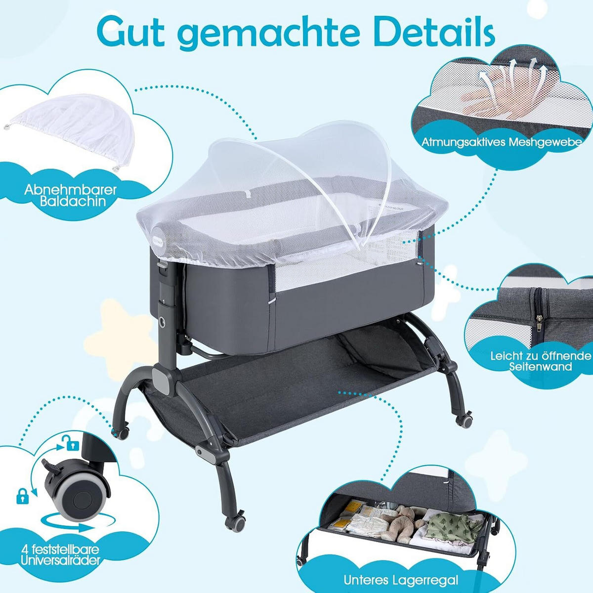 BABYWIEGE mit Matratze grau - Grau, Textil - COSTWAY