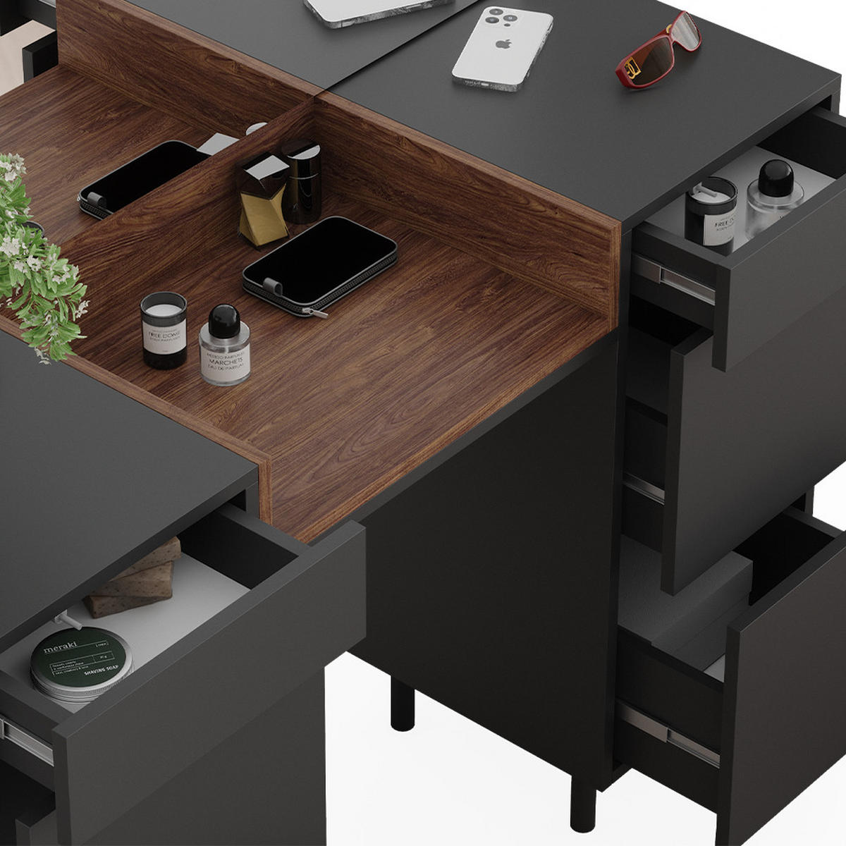SCHMINKTISCH Anika Anthrazit 120 cm mit Hocker - Anthrazit/Walnussfarben, Holzwerkstoff (120/80/40cm) - Vicco