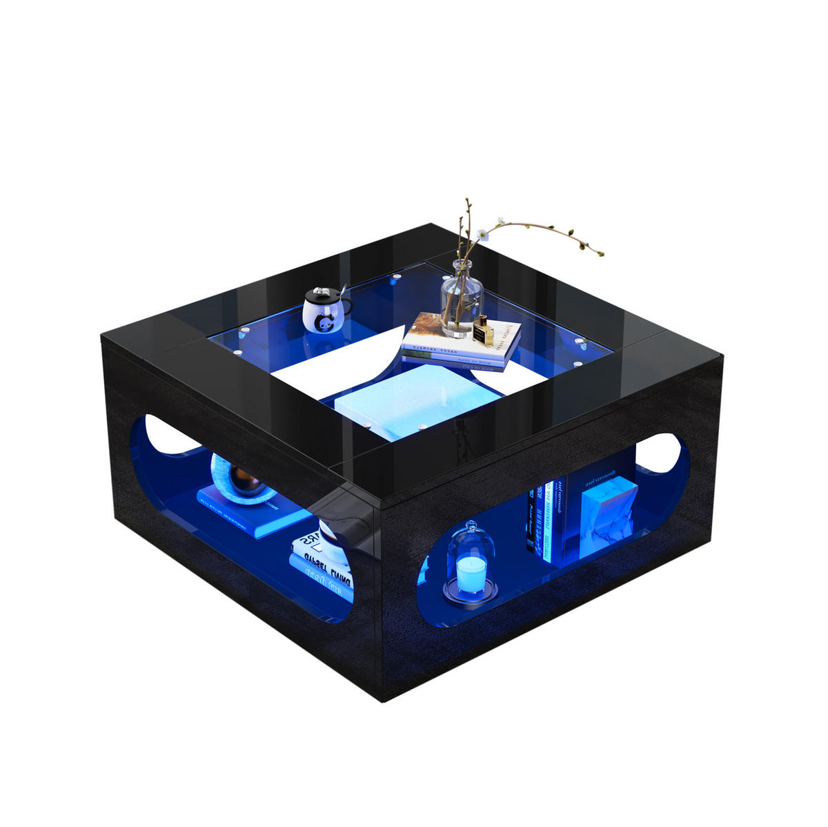 COUCHTISCH 70/70 cm mit LED-Beleuchtung und Ablagefach, Glasplatte, Schwarz - Schwarz, Holzwerkstoff (70/70/35cm) - BEAOK