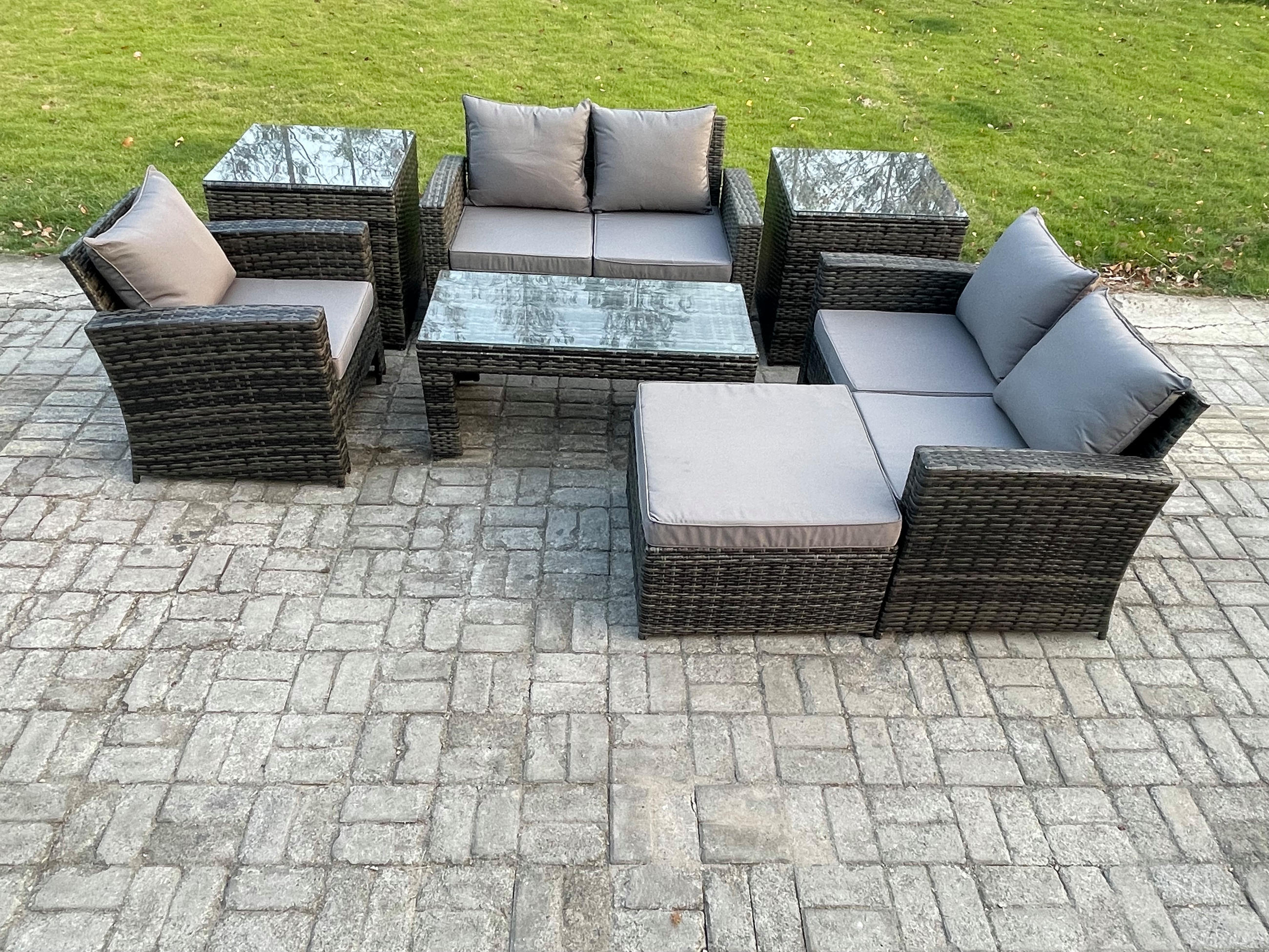 GARTENSOFA Hohe Rückenlehne Polyrattan Dunkelgrau 8-Sitzer - Dunkelgrau, Metall - Fimous