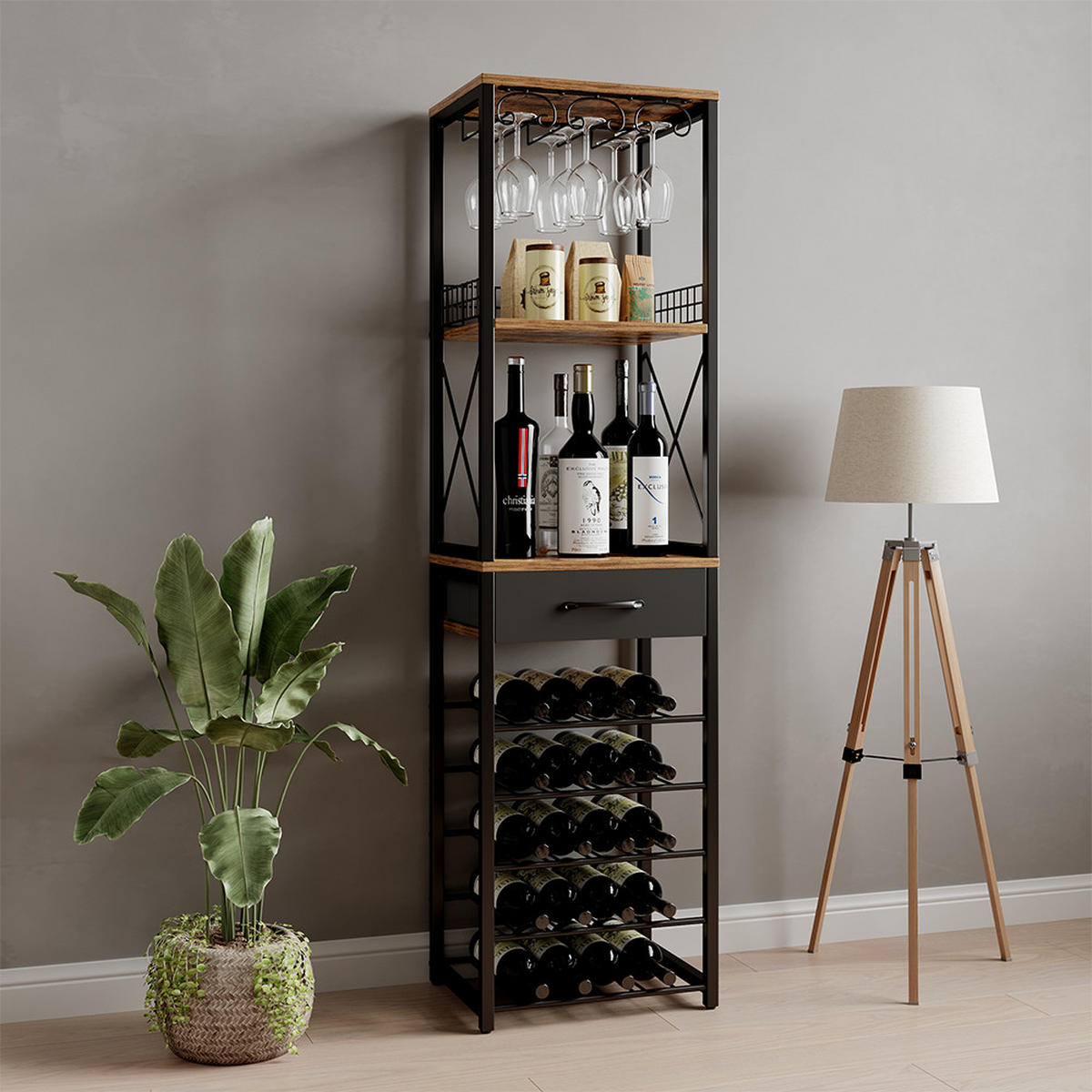 WEINREGAL Porto Eiche rustikal 40 x 147.5 cm mit Schublade - Wildeiche/Schwarz, Holzwerkstoff (40/147.5/30cm) - Vicco