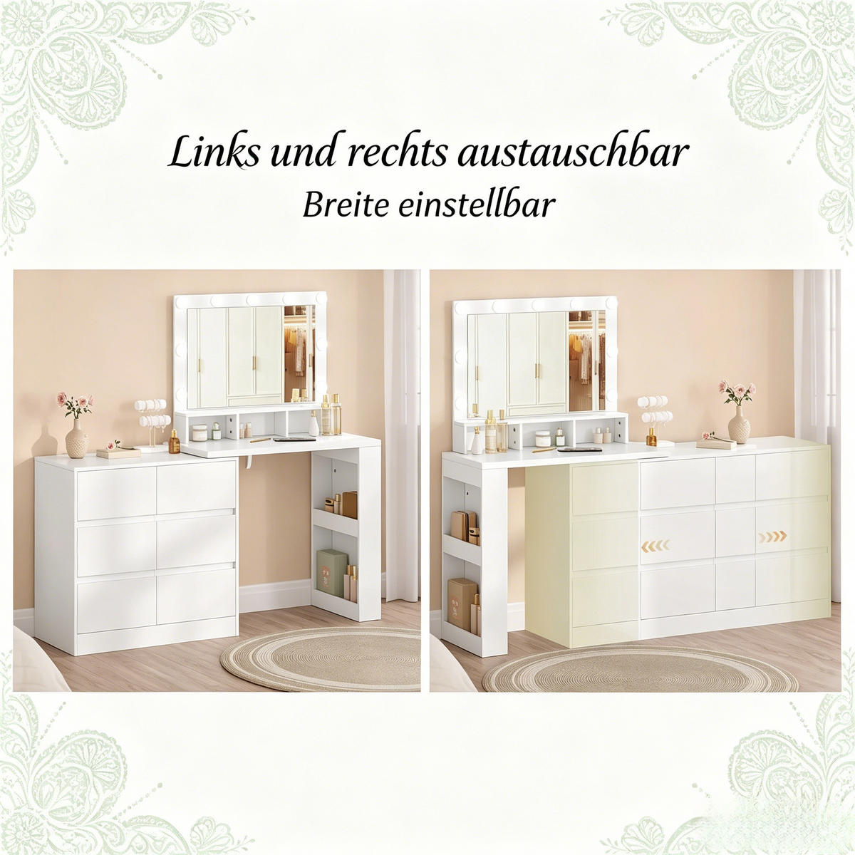 SCHMINKTISCH,MIT Rechteckigem LED Spiegel,134.5*80*40cm - Weiß, Holzwerkstoff (90/134.5/40cm) - Vallsero