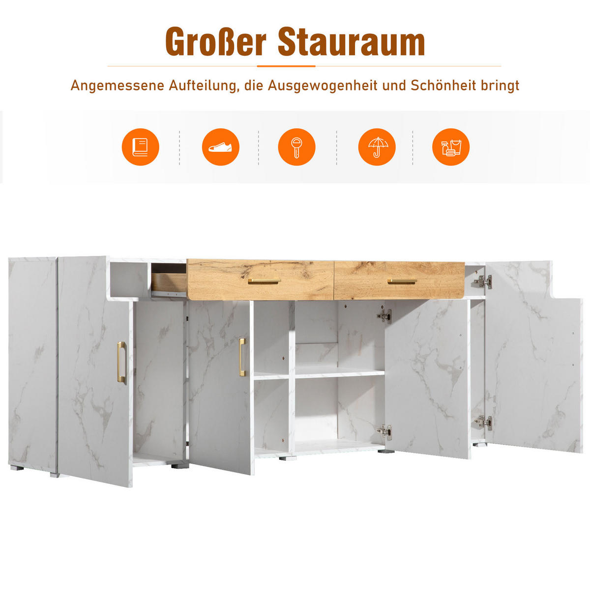 SIDEBOARD aus Spanplatte 208x39,5x80 cm Weiß mit 4 Türen und 2 Schubladen - Weiß, Holzwerkstoff (208/80/39.5cm) - IVMEU